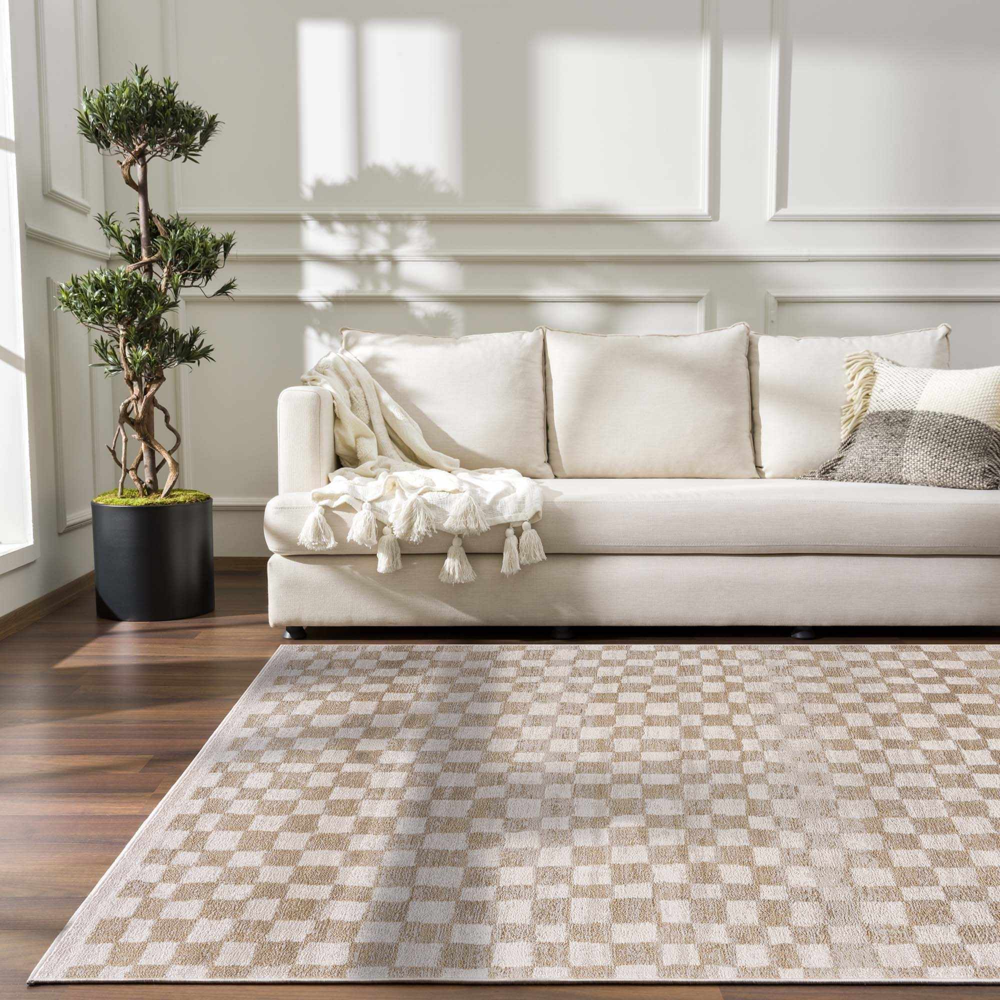 Benjy Cream & Gold Checkered Area Rug by Hauteloom
