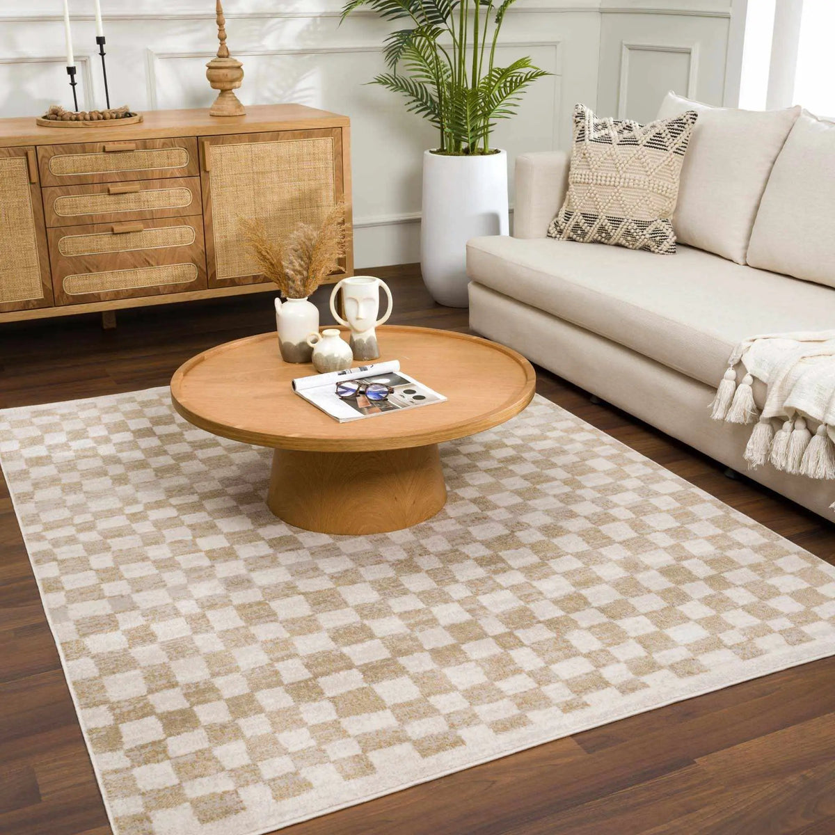 Benjy Cream & Gold Checkered Area Rug, installed in a room 3