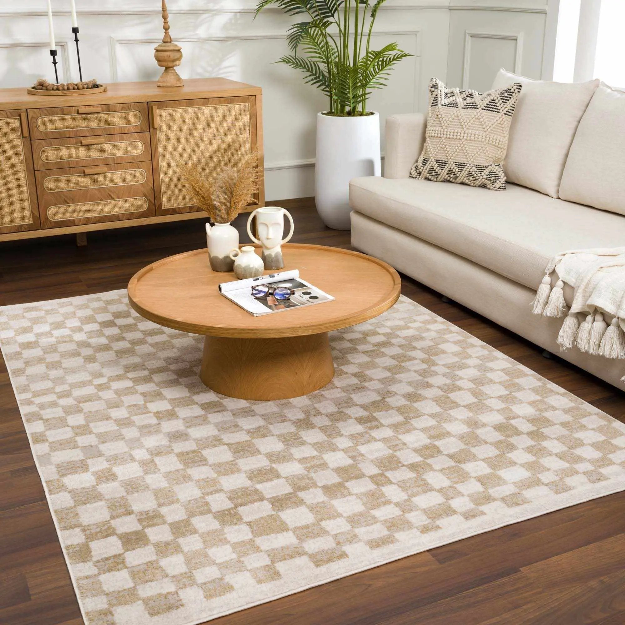 Benjy Cream & Gold Checkered Area Rug by Hauteloom