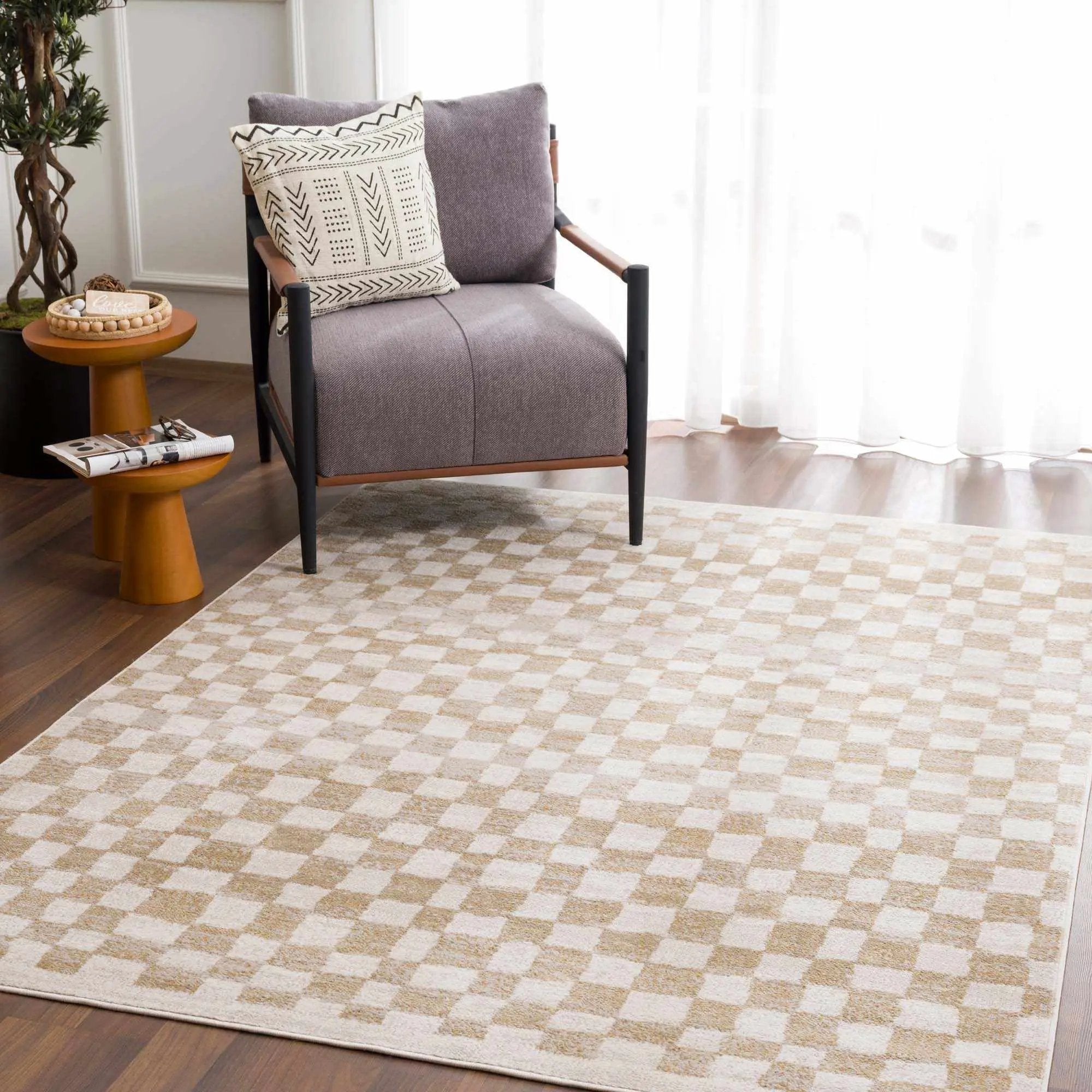 Benjy Cream & Gold Checkered Area Rug by Hauteloom