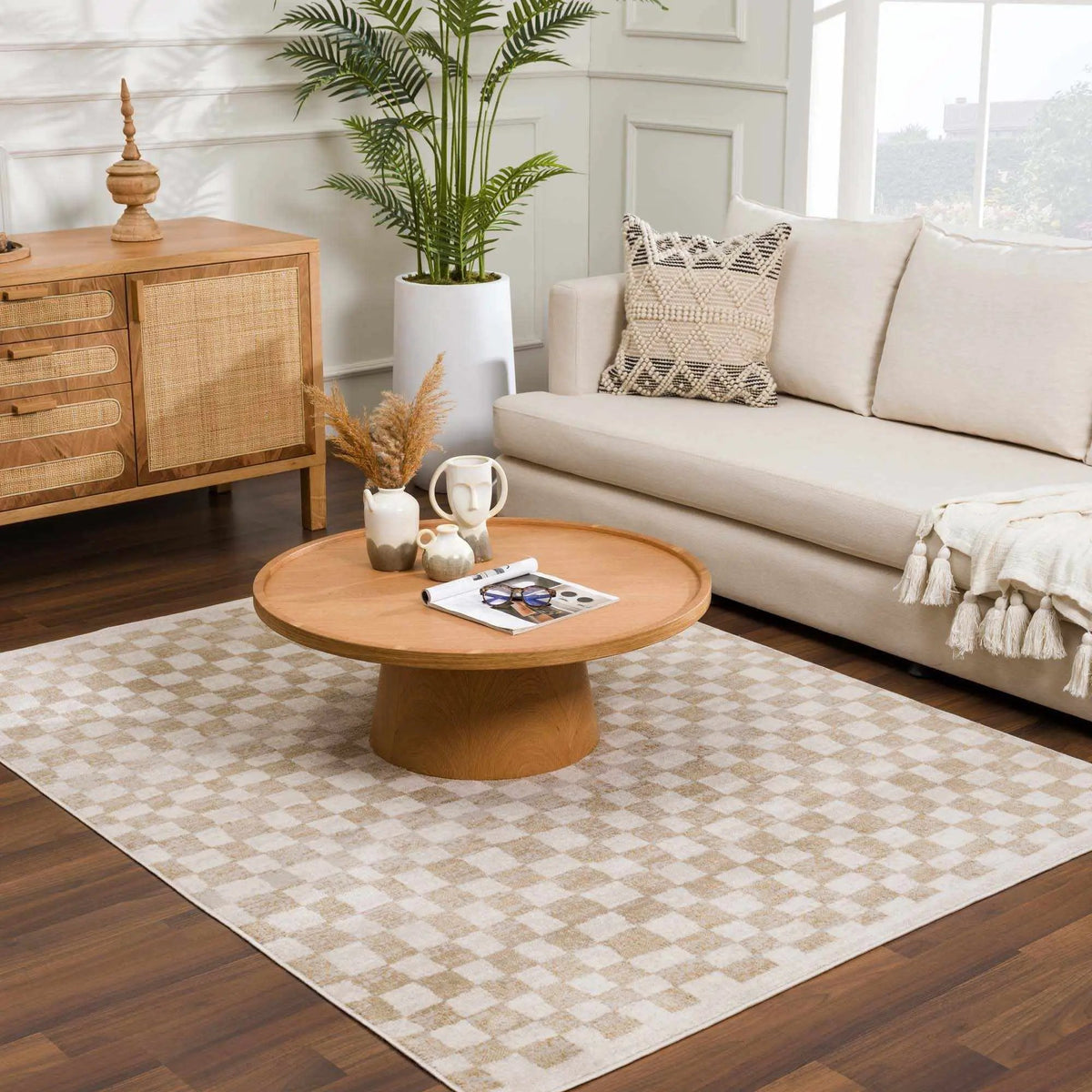 Benjy Cream & Gold Checkered Area Rug, installed in a room 6