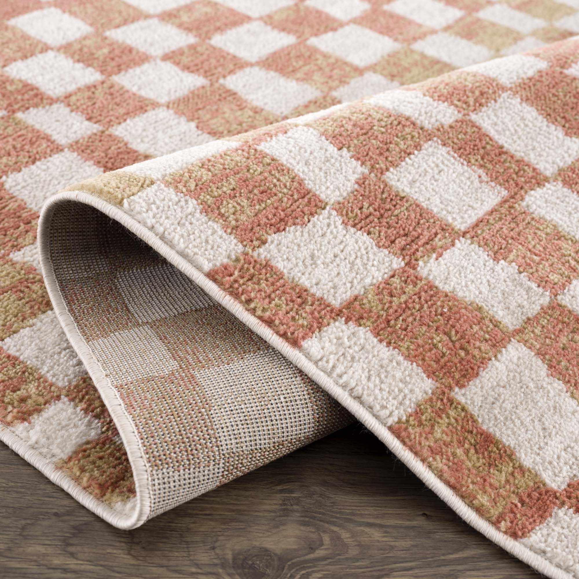 Benjy Cream & Salmon Checkered Area Rug by Hauteloom