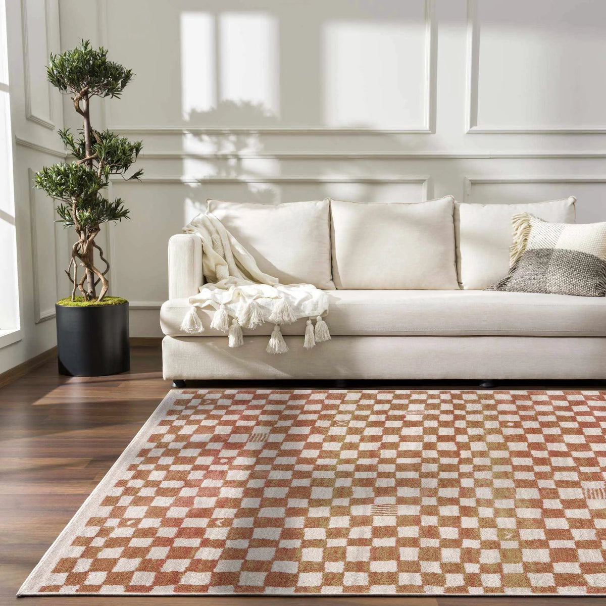 Benjy Irregular Checkboard Rug - Cream&Salmon, installed in a room 3