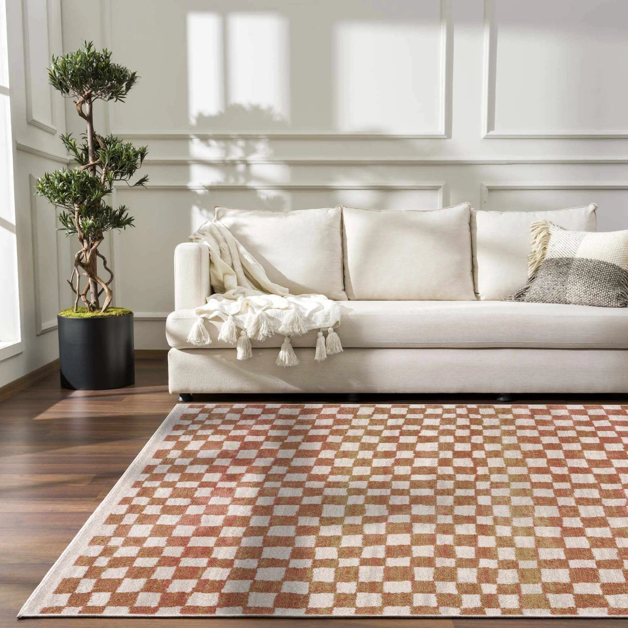 Benjy Cream & Salmon Checkered Area Rug by Hauteloom