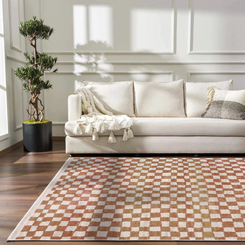 Benjy Cream & Salmon Checkered Area Rug by Hauteloom
