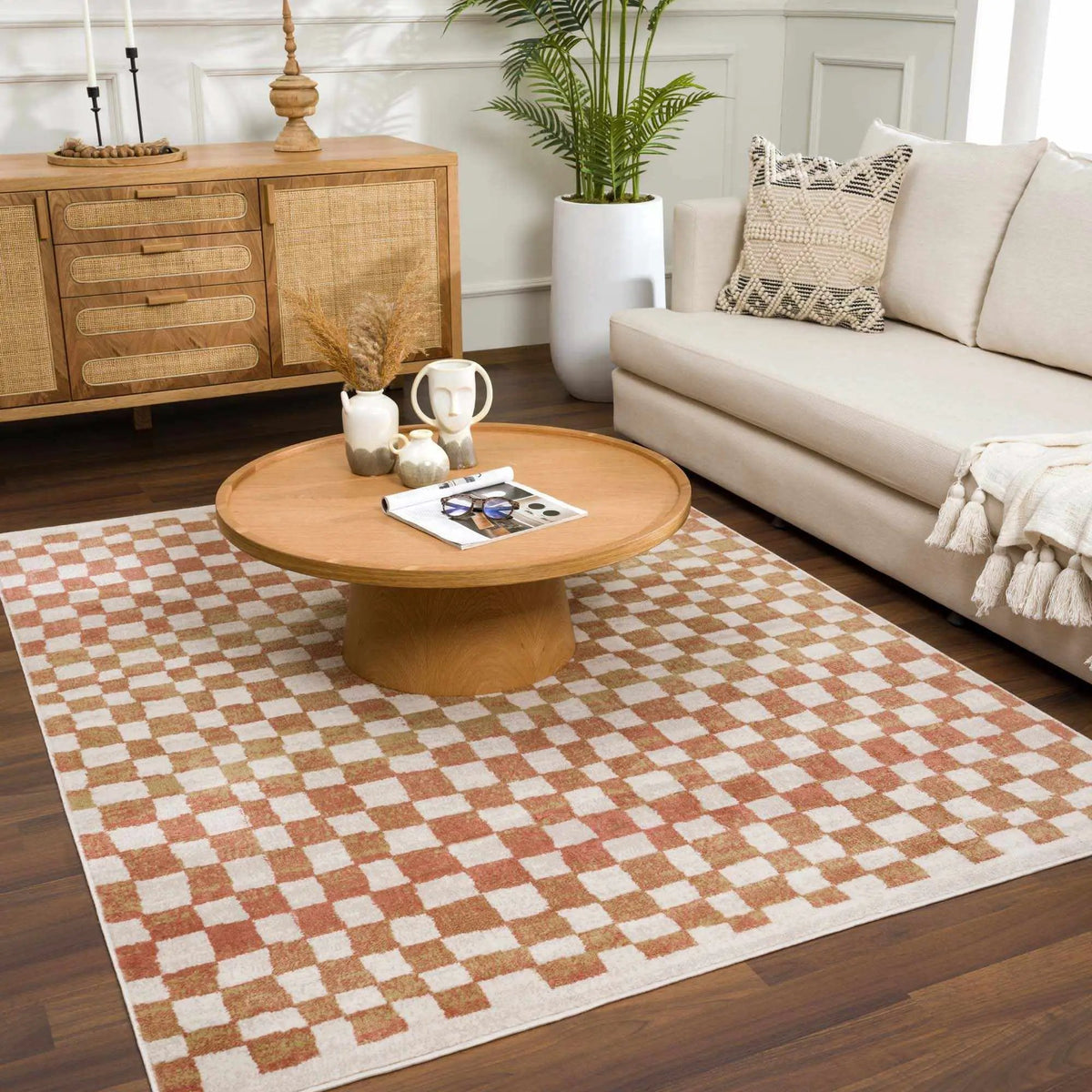 Benjy Cream & Salmon Checkered Area Rug, installed in a room 3
