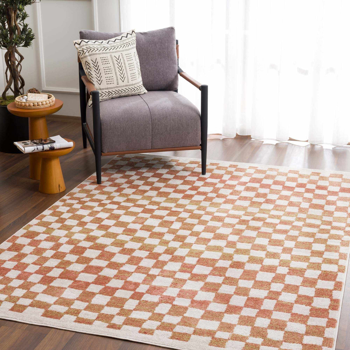 Benjy Cream & Salmon Checkered Area Rug, installed in a room 2