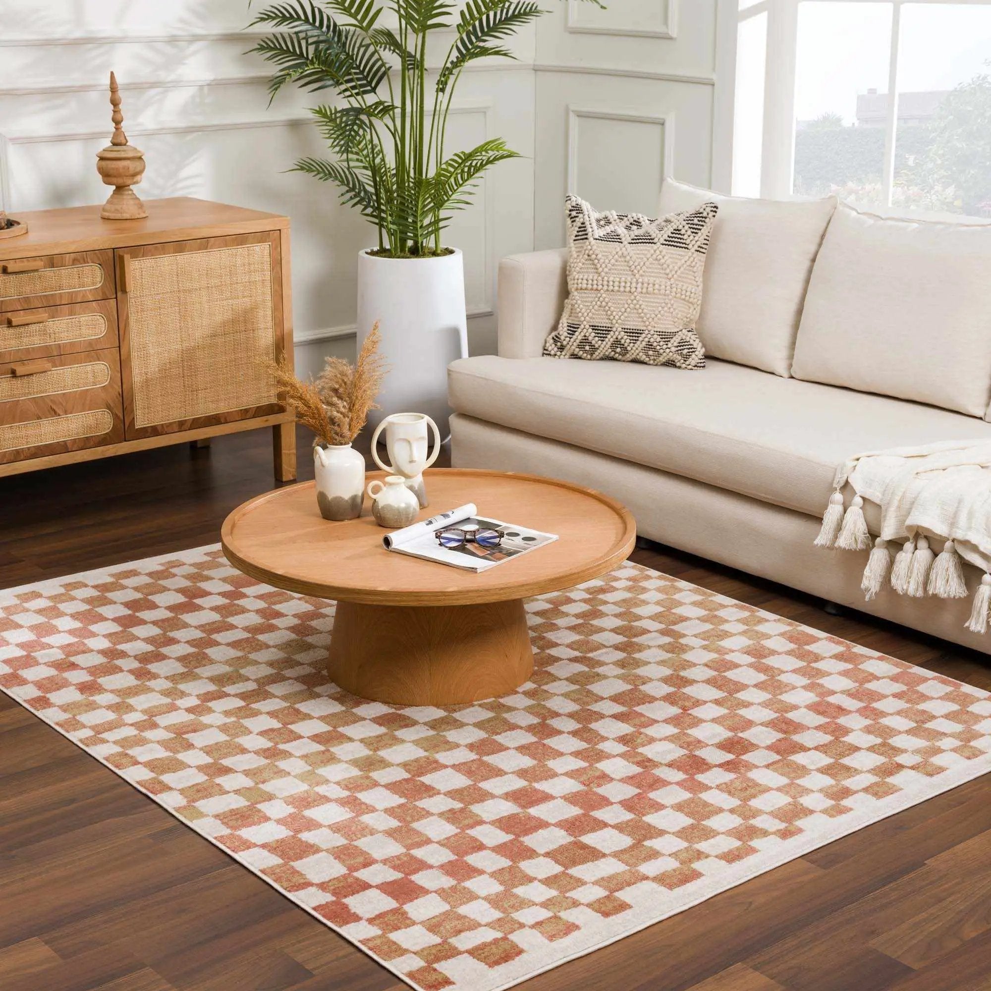 Benjy Cream & Salmon Checkered Area Rug by Hauteloom