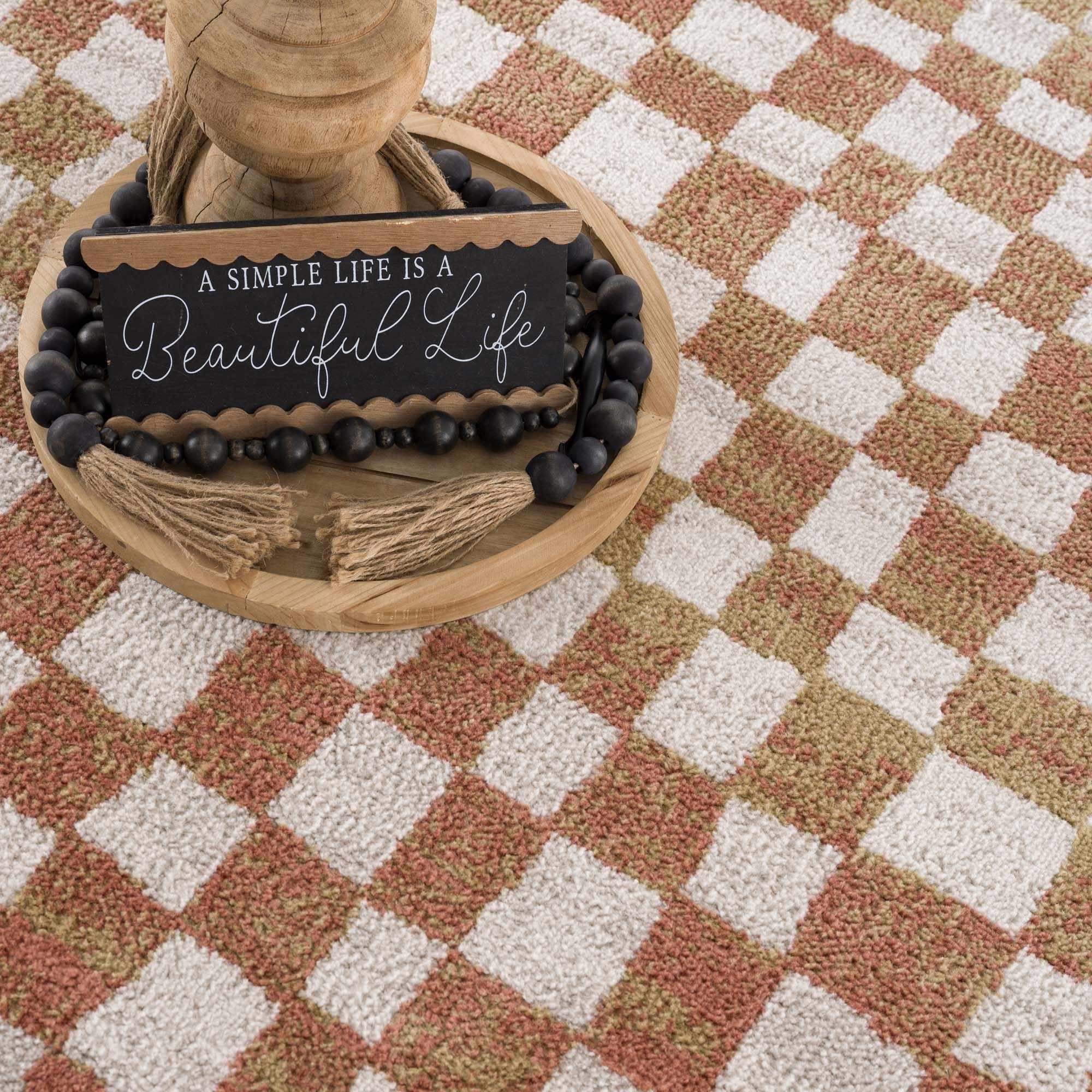 Benjy Cream & Salmon Checkered Area Rug by Hauteloom