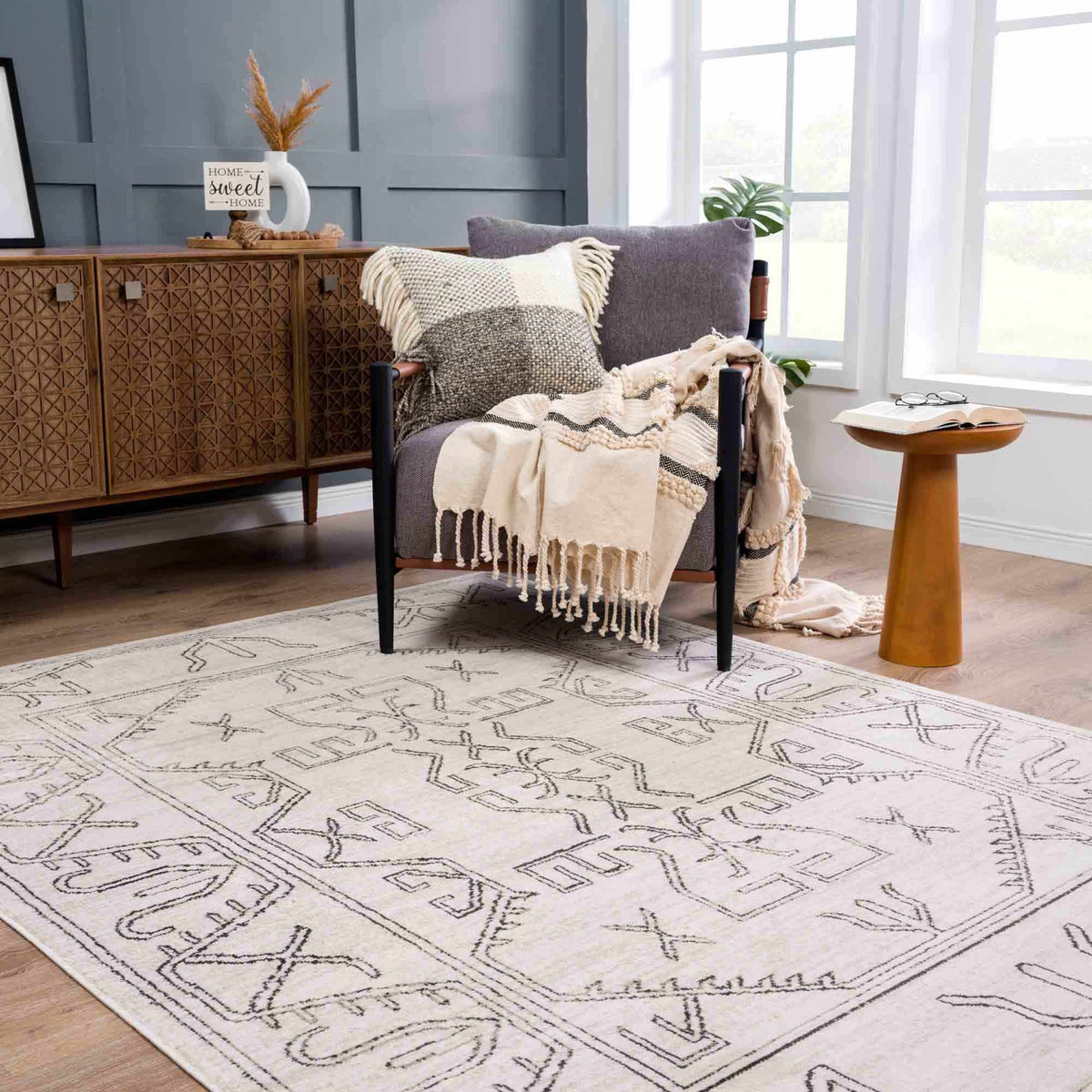 Divya Cream & Charcoal Area Rug - Clearance, installed in a room