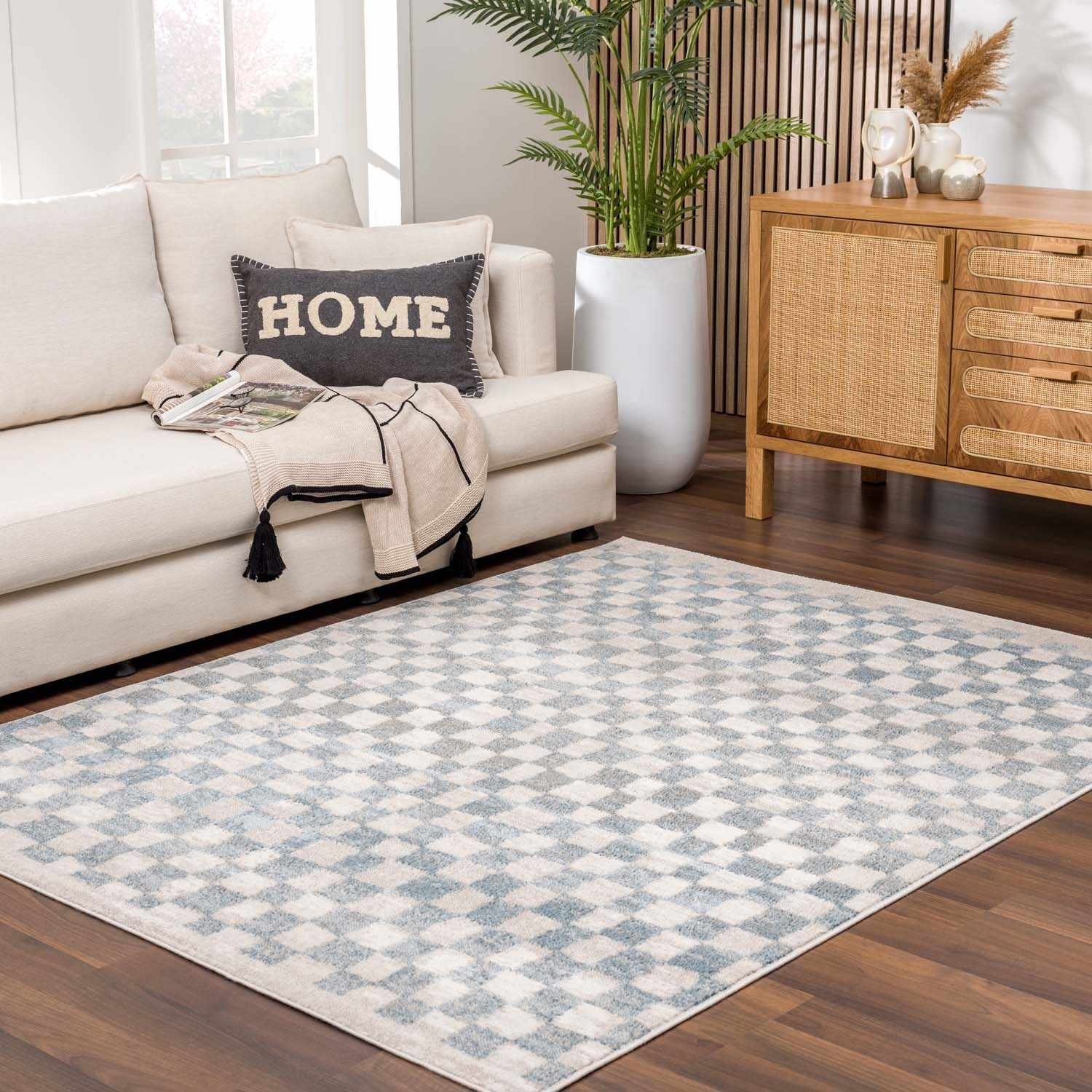Benjy Cream & Light Blue Checkered Area Rug by Hauteloom