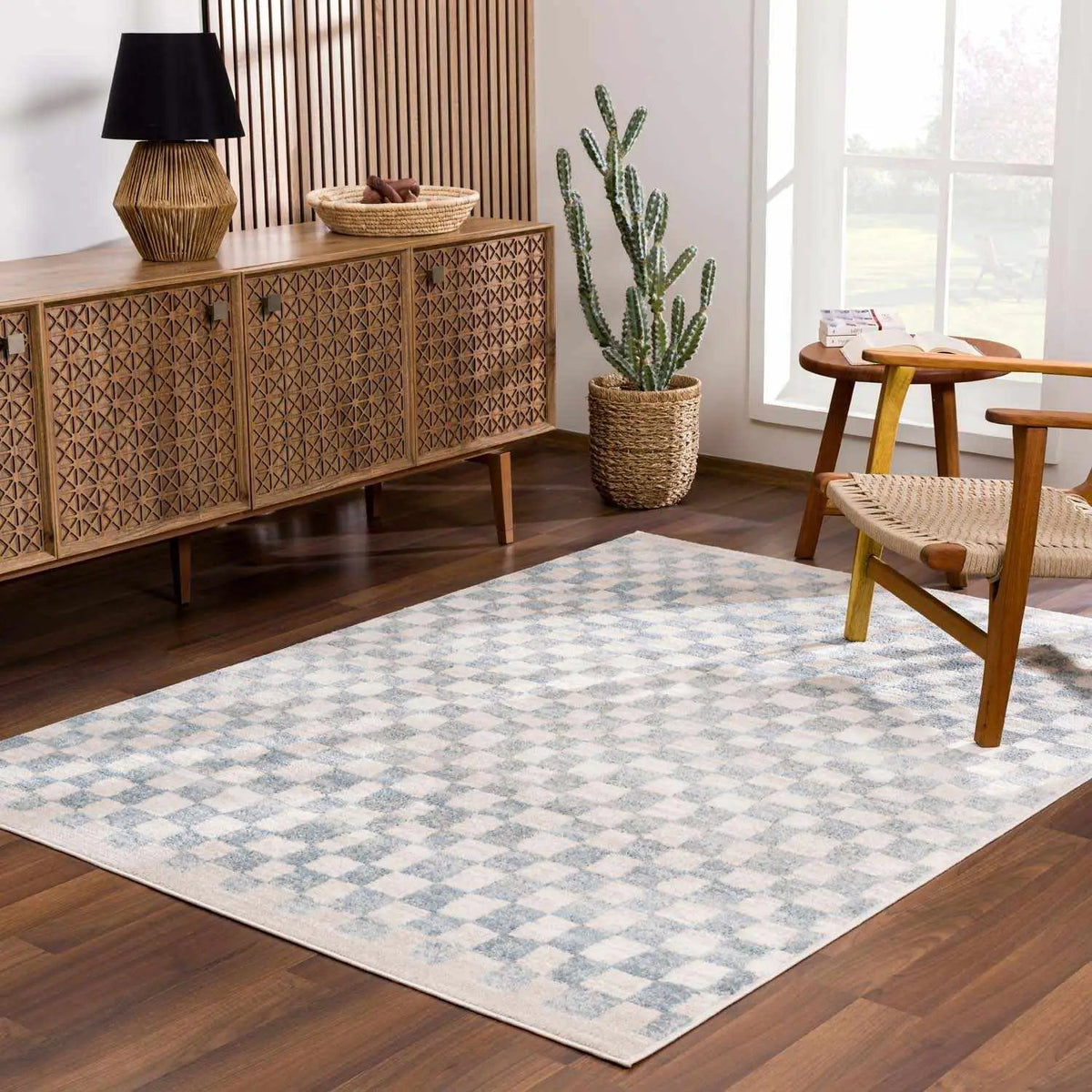 Benjy Cream & Light Blue Checkered Area Rug, installed in a room 2
