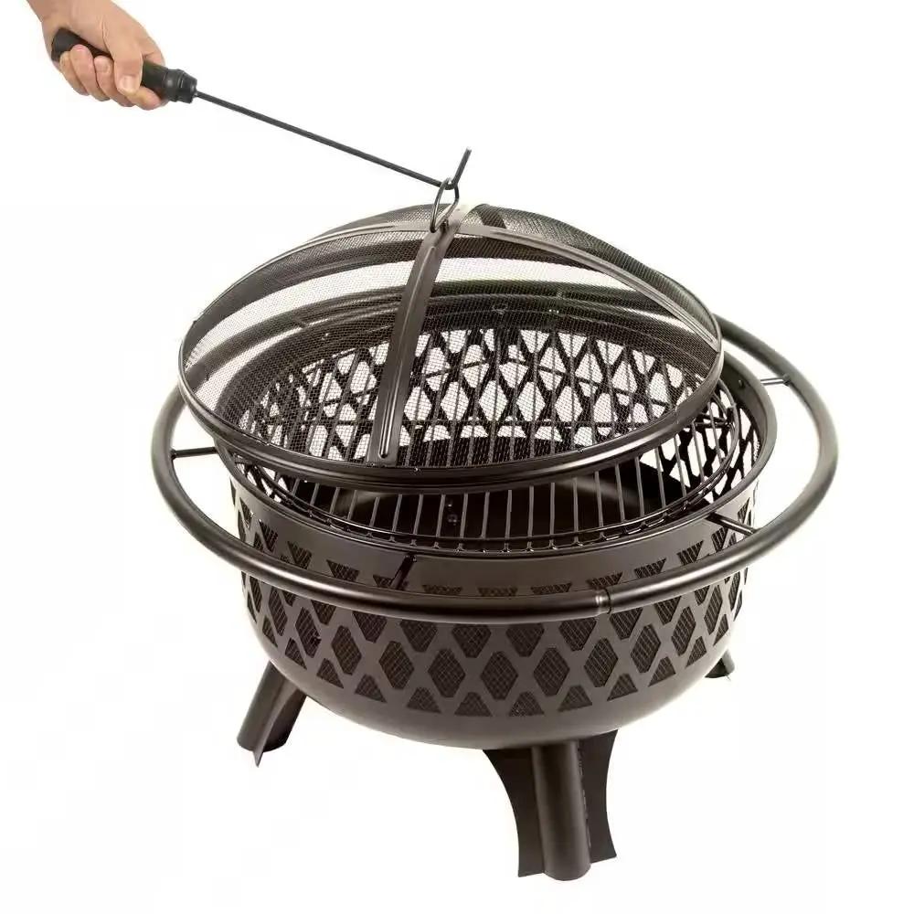 30-inch Black Steel Outdoor Fire Pit Grill with Screen and Poker by HomePacific