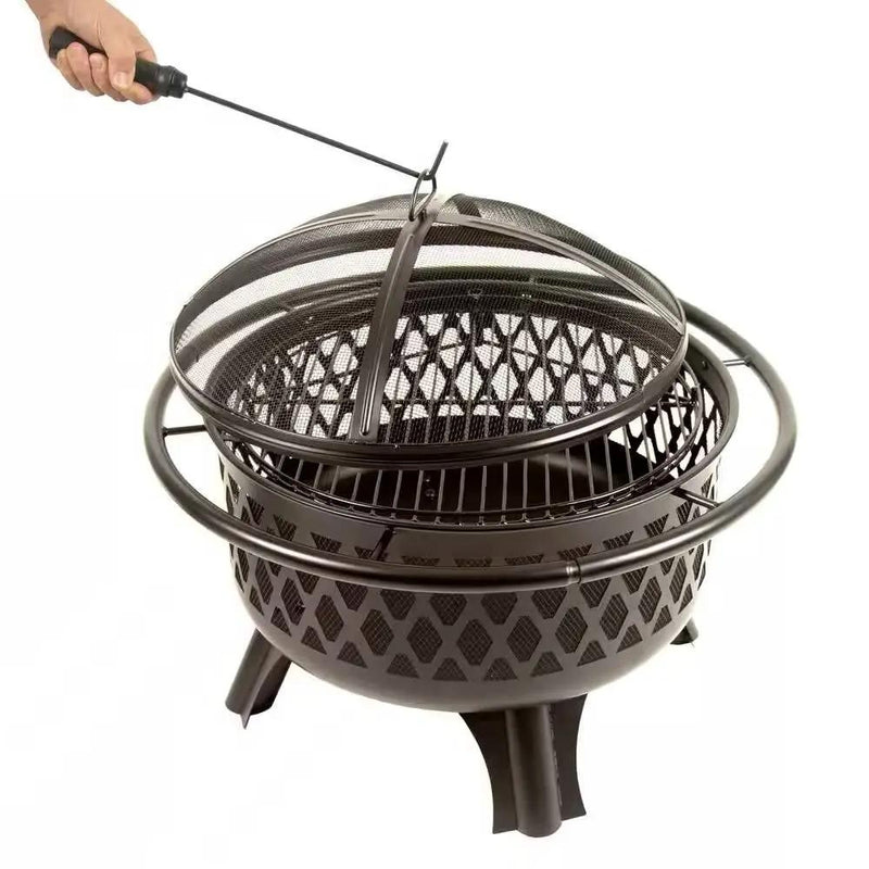 30-inch Black Steel Outdoor Fire Pit Grill with Screen and Poker by HomePacific