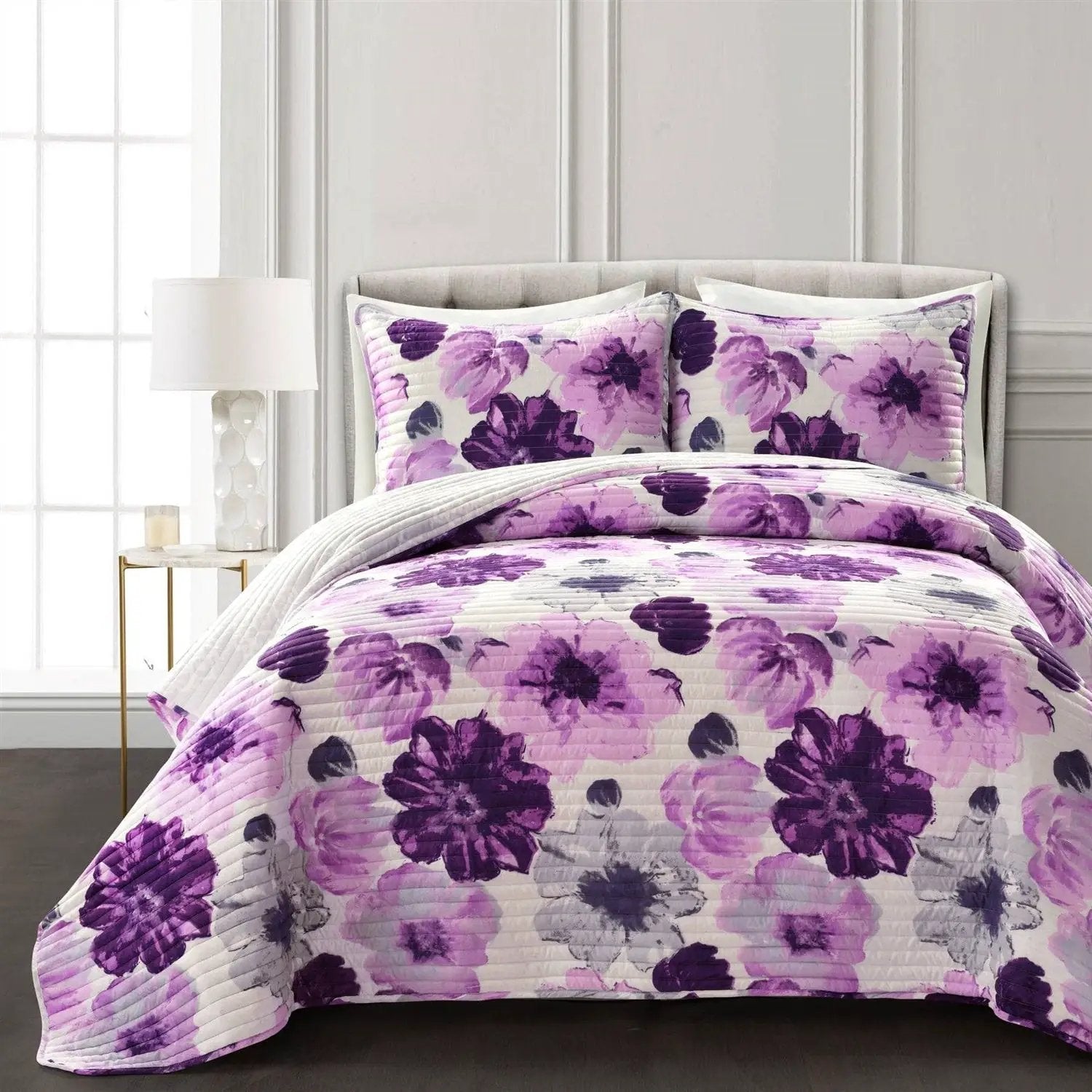 Full/Queen Purple Grey Flowers Lightweight Polyester Microfiber Quilt Set by HomePacific