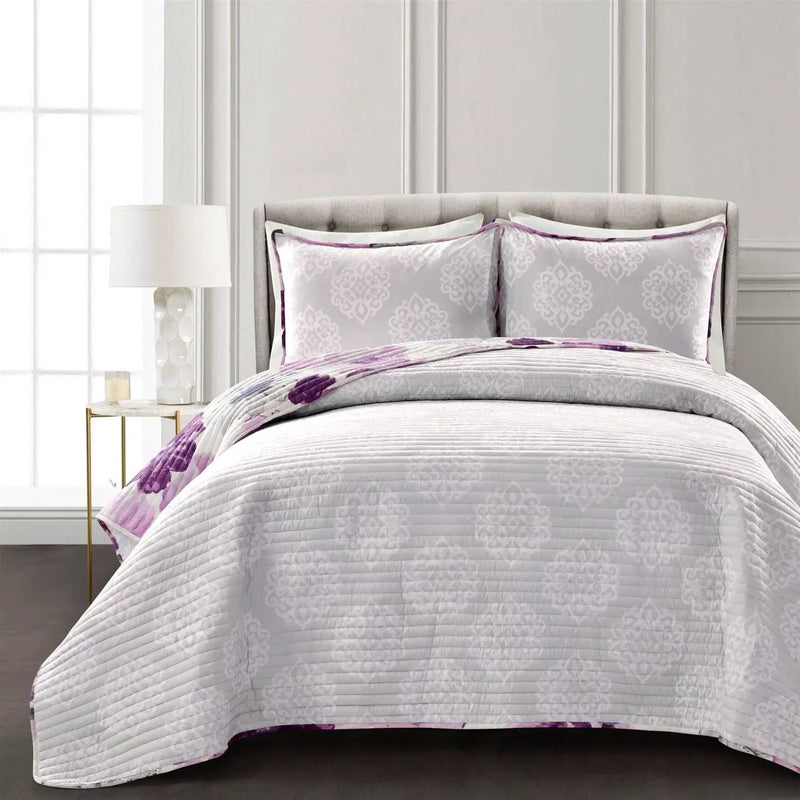 Full/Queen Purple Grey Flowers Lightweight Polyester Microfiber Quilt Set by HomePacific