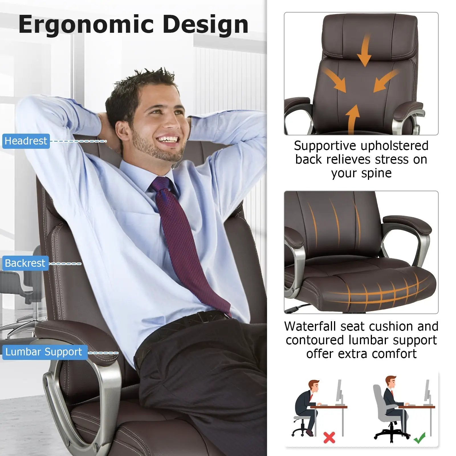 Swivel Ergonomic Office Chair Computer Desk Chair with Wheels-Brown by DirectDeals