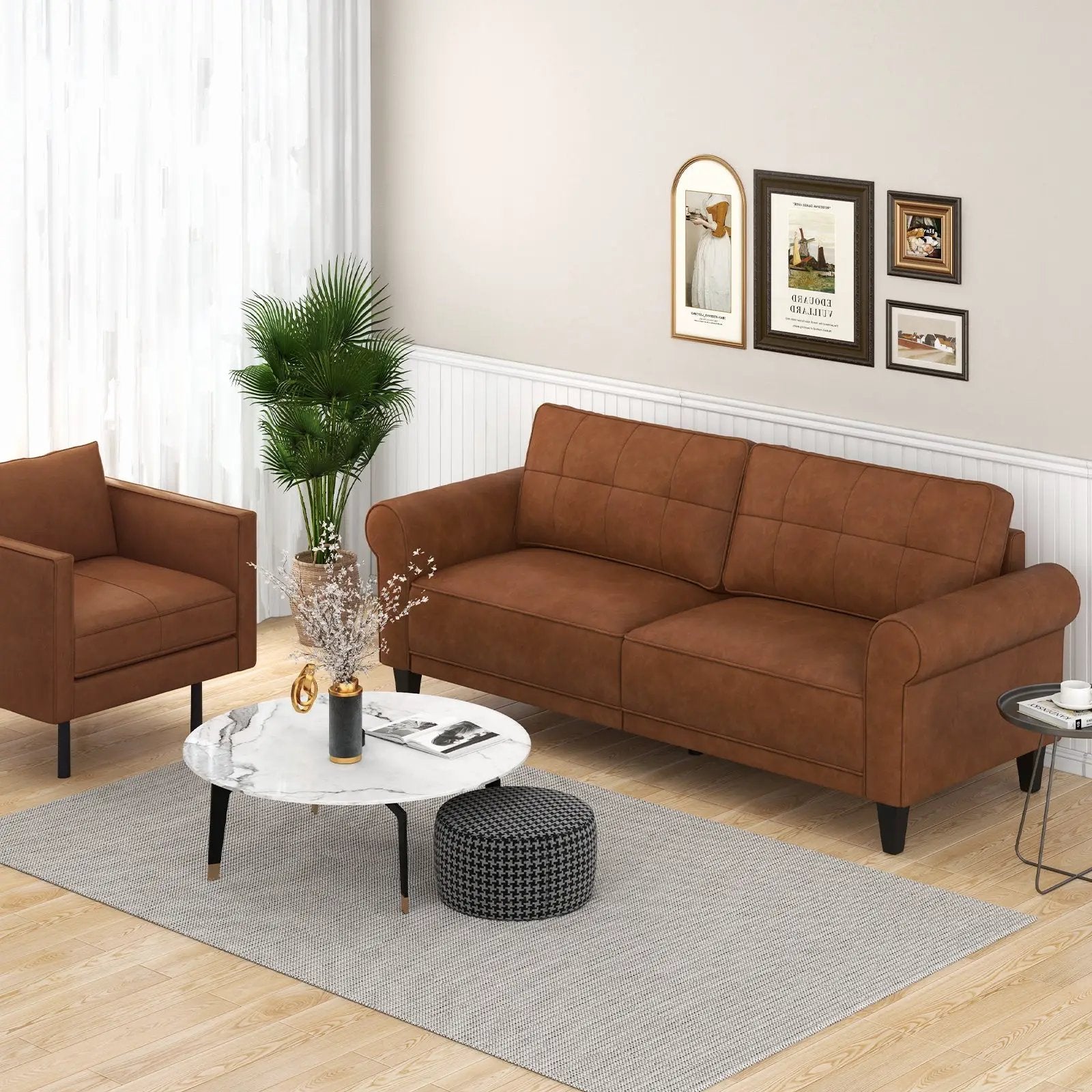 PU Leather Modern 3-Seater Sofa Couch with 2 Detachable Back Pillows-Brown by DirectDeals