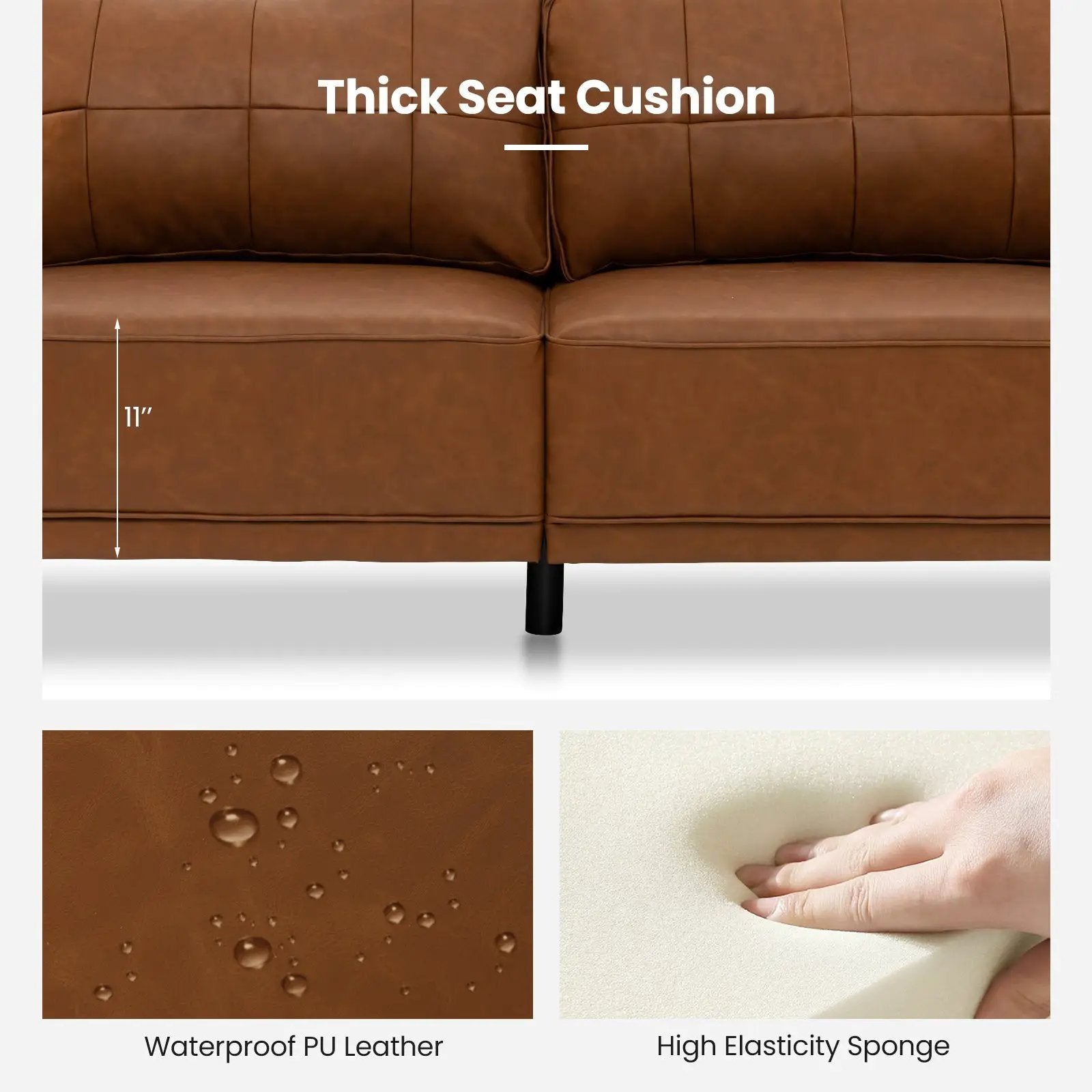 PU Leather Modern 3-Seater Sofa Couch with 2 Detachable Back Pillows-Brown by DirectDeals