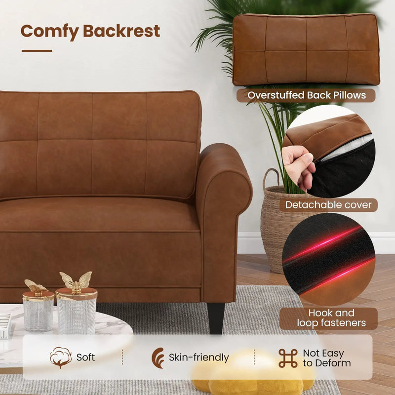 PU Leather Modern 3-Seater Sofa Couch with 2 Detachable Back Pillows-Brown by DirectDeals