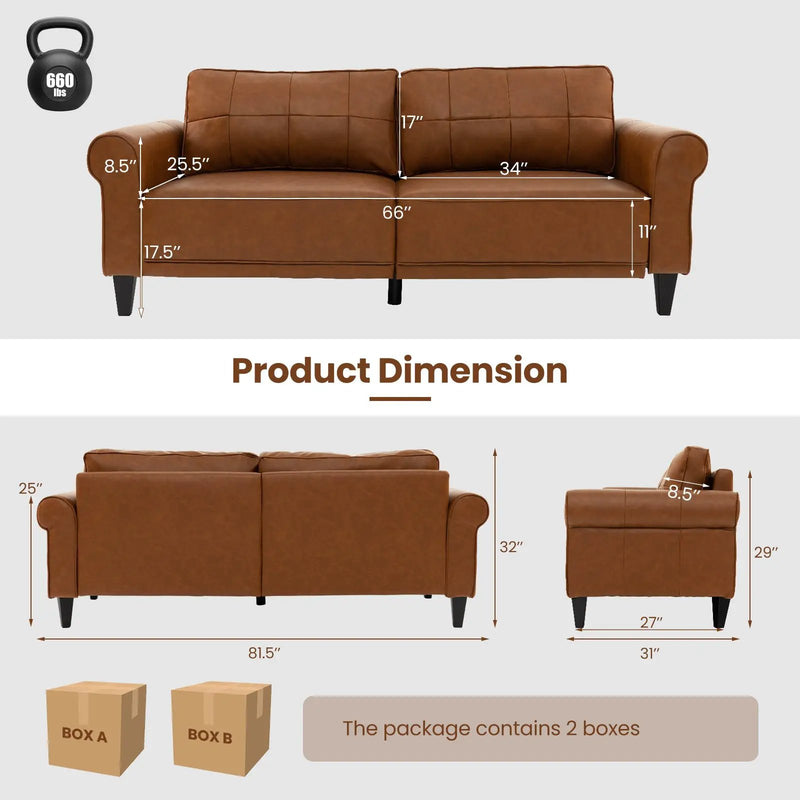 PU Leather Modern 3-Seater Sofa Couch with 2 Detachable Back Pillows-Brown by DirectDeals