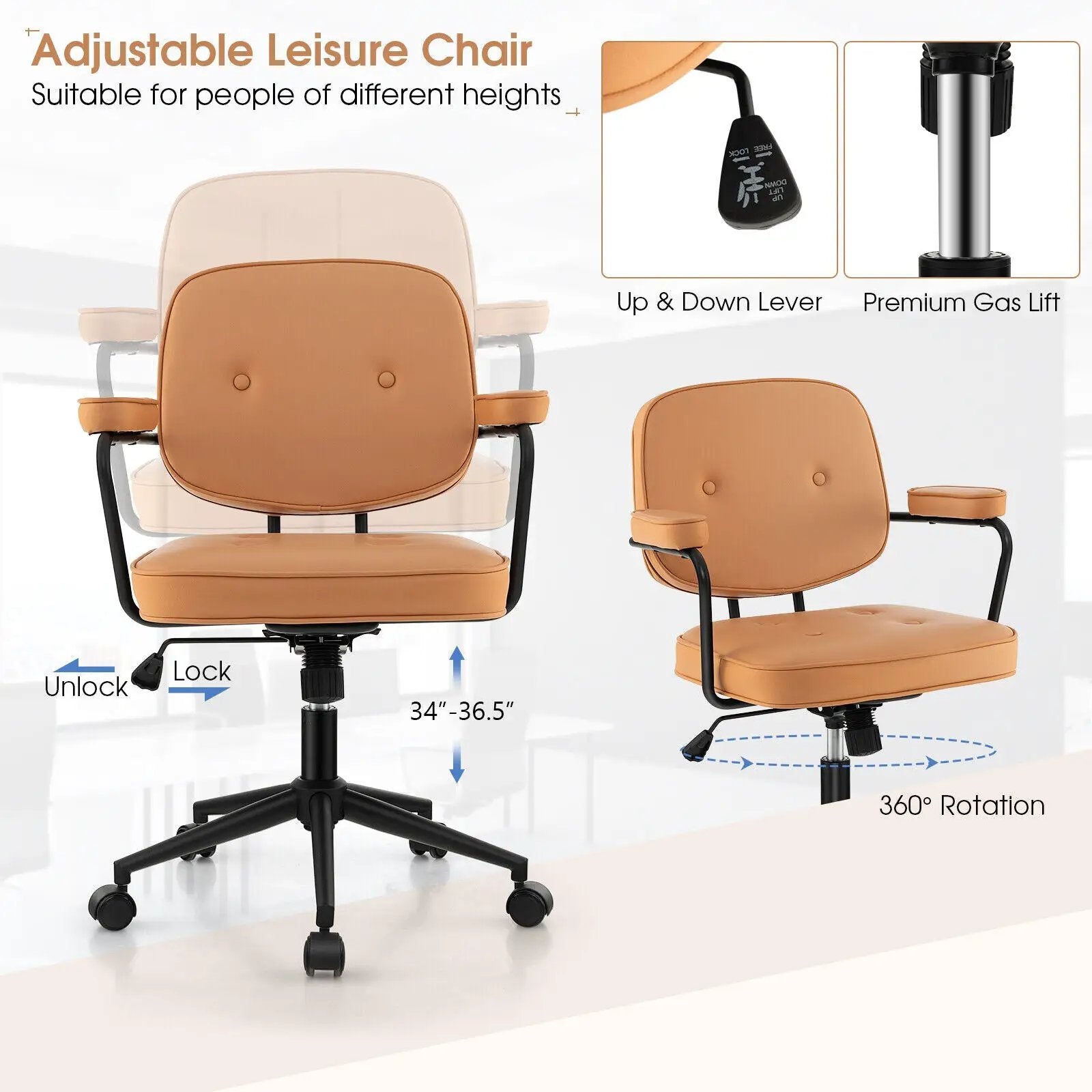 PU Leather Office Chair with Rocking Backrest and Ergonomic Armrest-Orange by DirectDeals