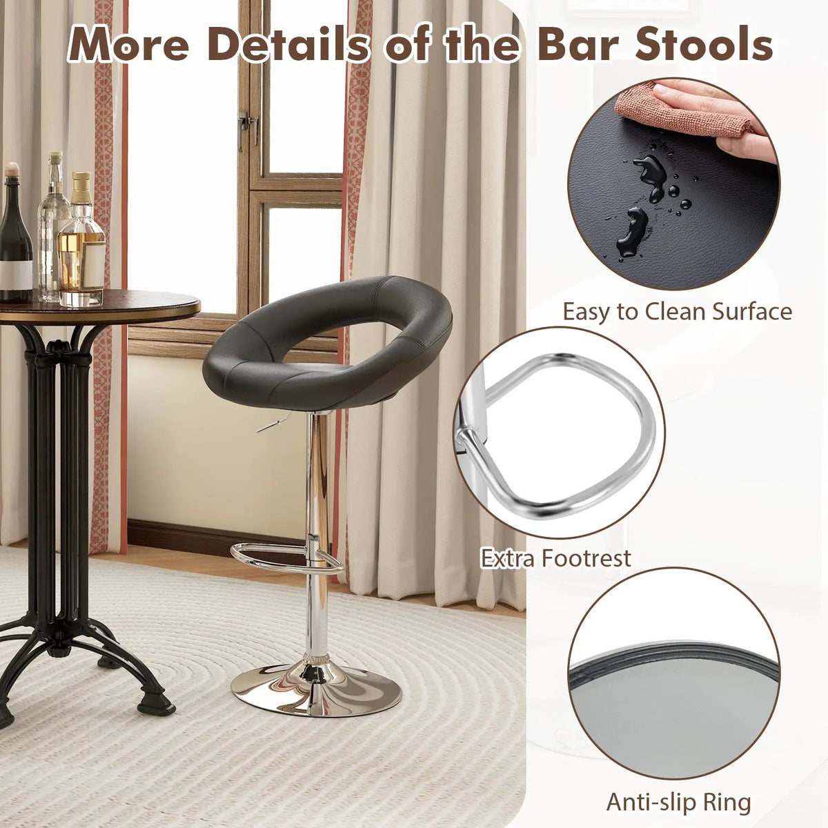 Height Adjustable Bar Stools Set of 2 with Hollow Back and Footrest, photo 7 of 9