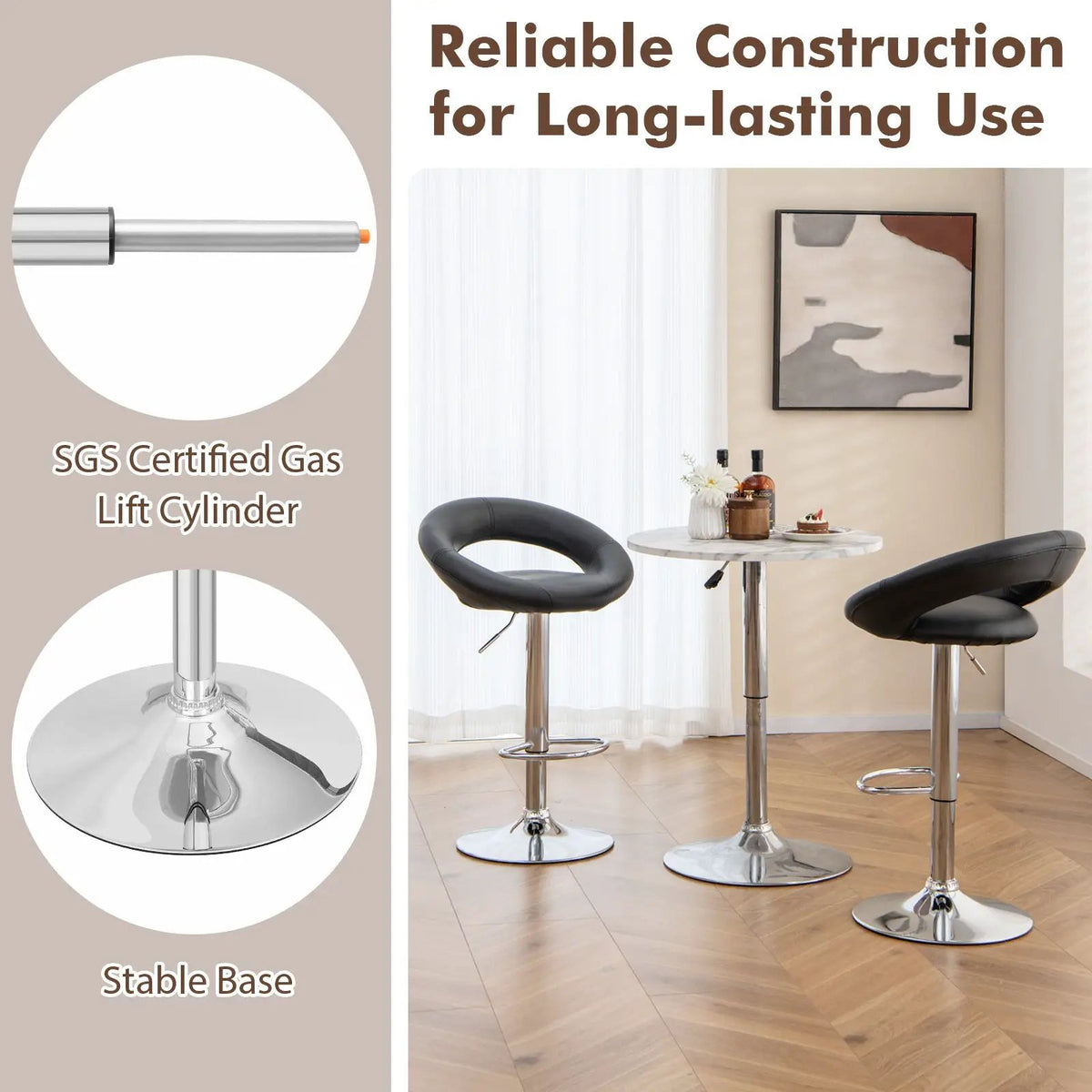 Height Adjustable Bar Stools Set of 2 with Hollow Back and Footrest, photo 8 of 9