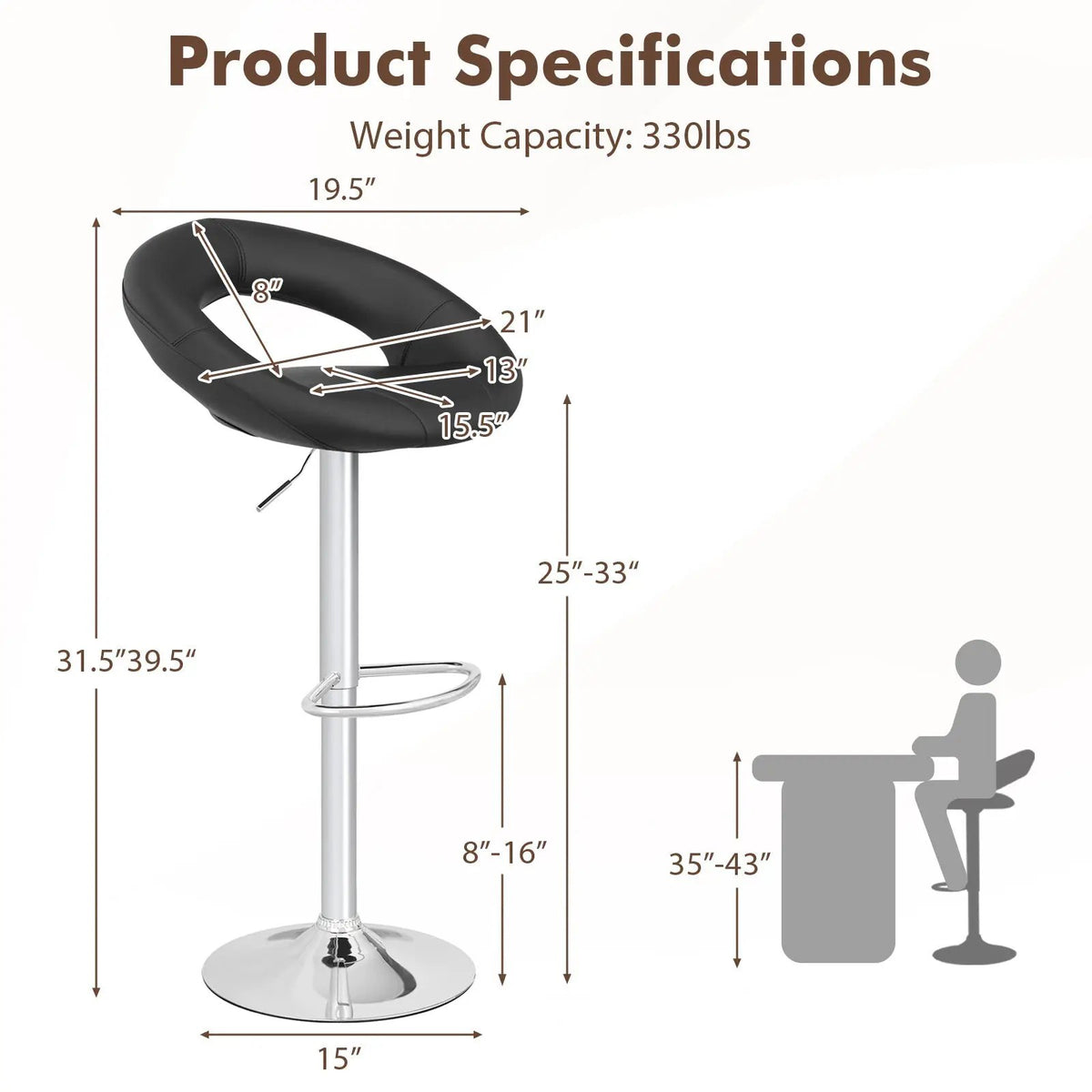 Height Adjustable Bar Stools Set of 2 with Hollow Back and Footrest, photo 4 of 9