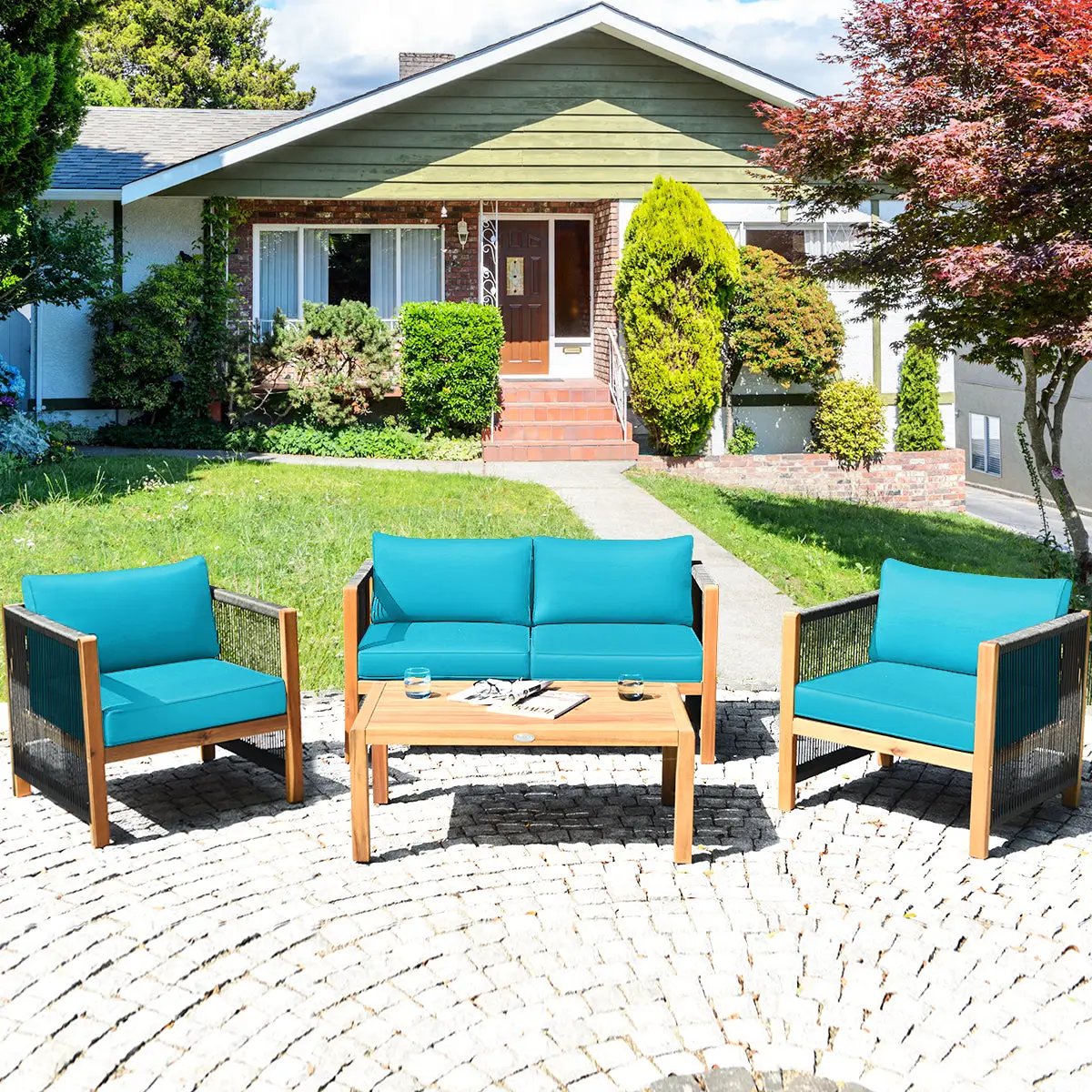 4 Pieces Wood Outdoor Patio Furniture Set with Cushions for Garden by DirectDeals