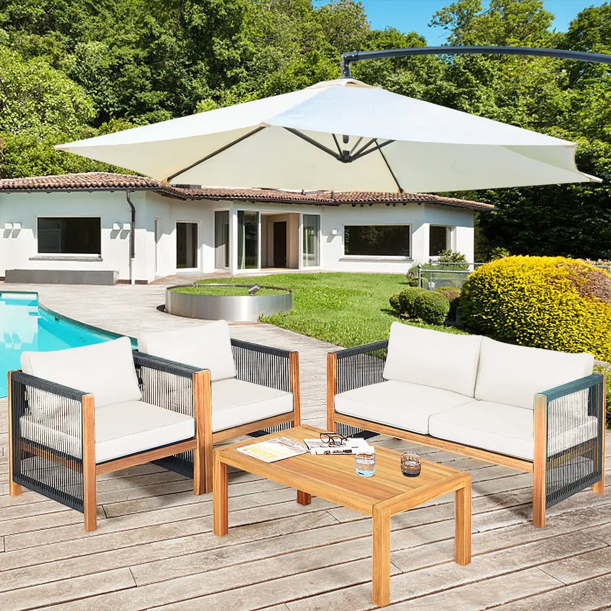 4 Pieces Wood Outdoor Patio Furniture Set with Cushions for Garden by DirectDeals