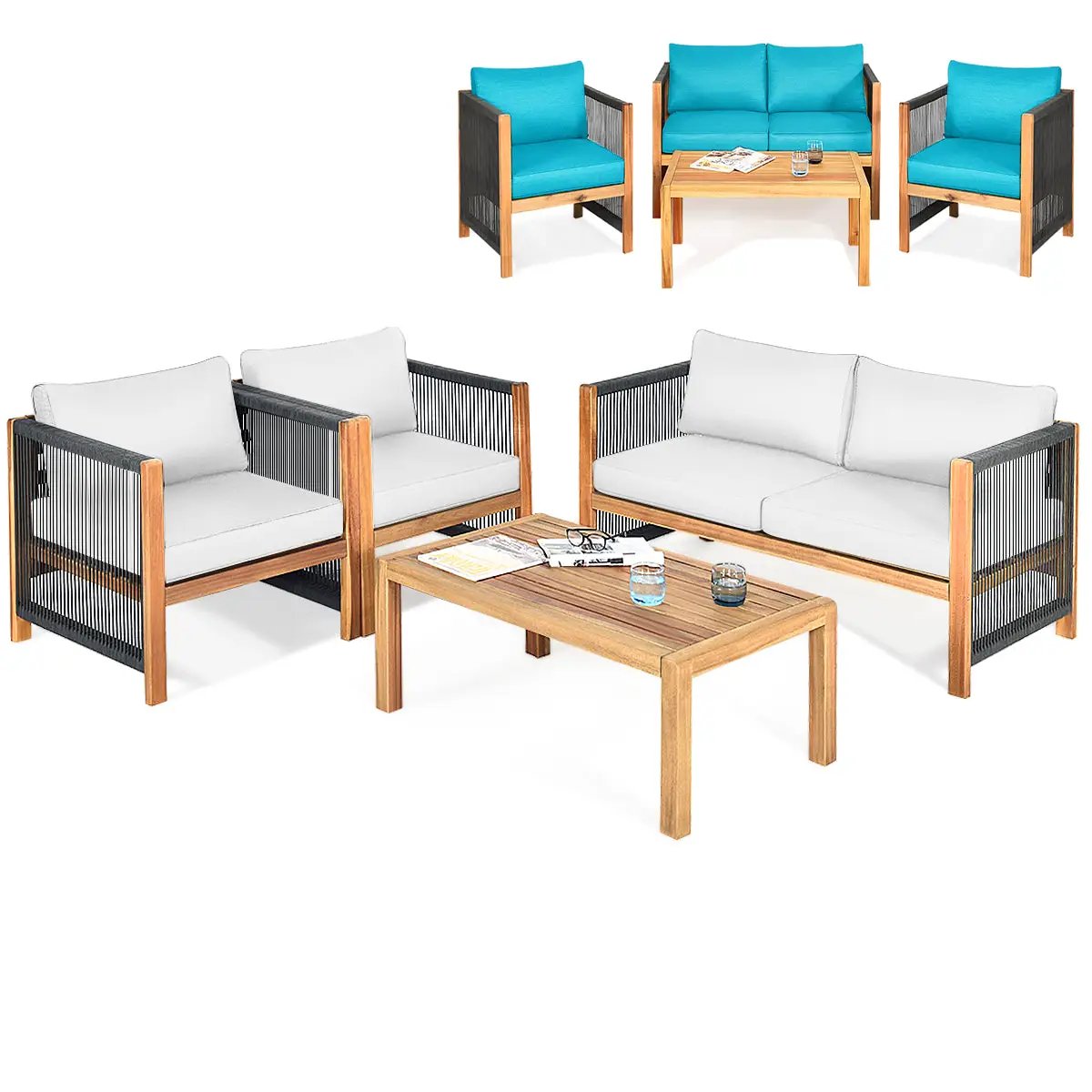 4 Pieces Wood Outdoor Patio Furniture Set with Cushions for Garden by DirectDeals