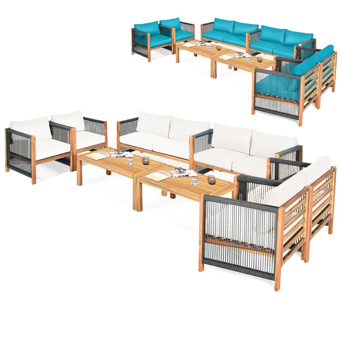 4 Pieces Wood Outdoor Patio Furniture Set with Cushions for Garden by DirectDeals