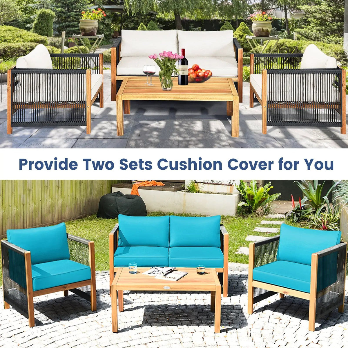 4 Pieces Wood Outdoor Patio Furniture Set with Cushions for Garden by DirectDeals