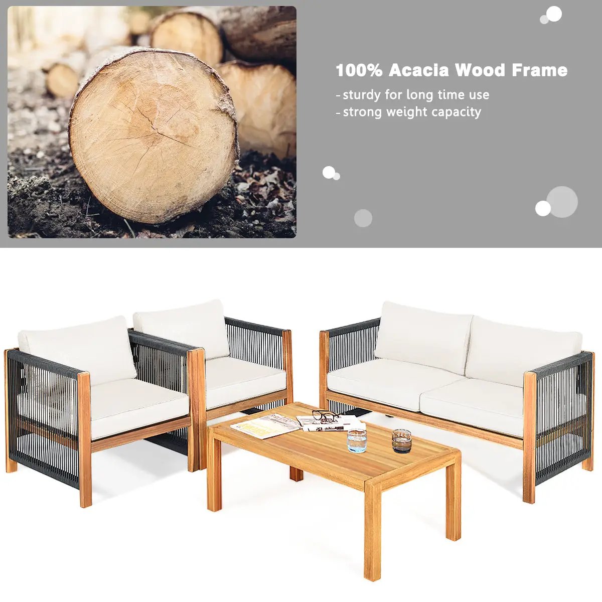 4 Pieces Wood Outdoor Patio Furniture Set with Cushions for Garden by DirectDeals