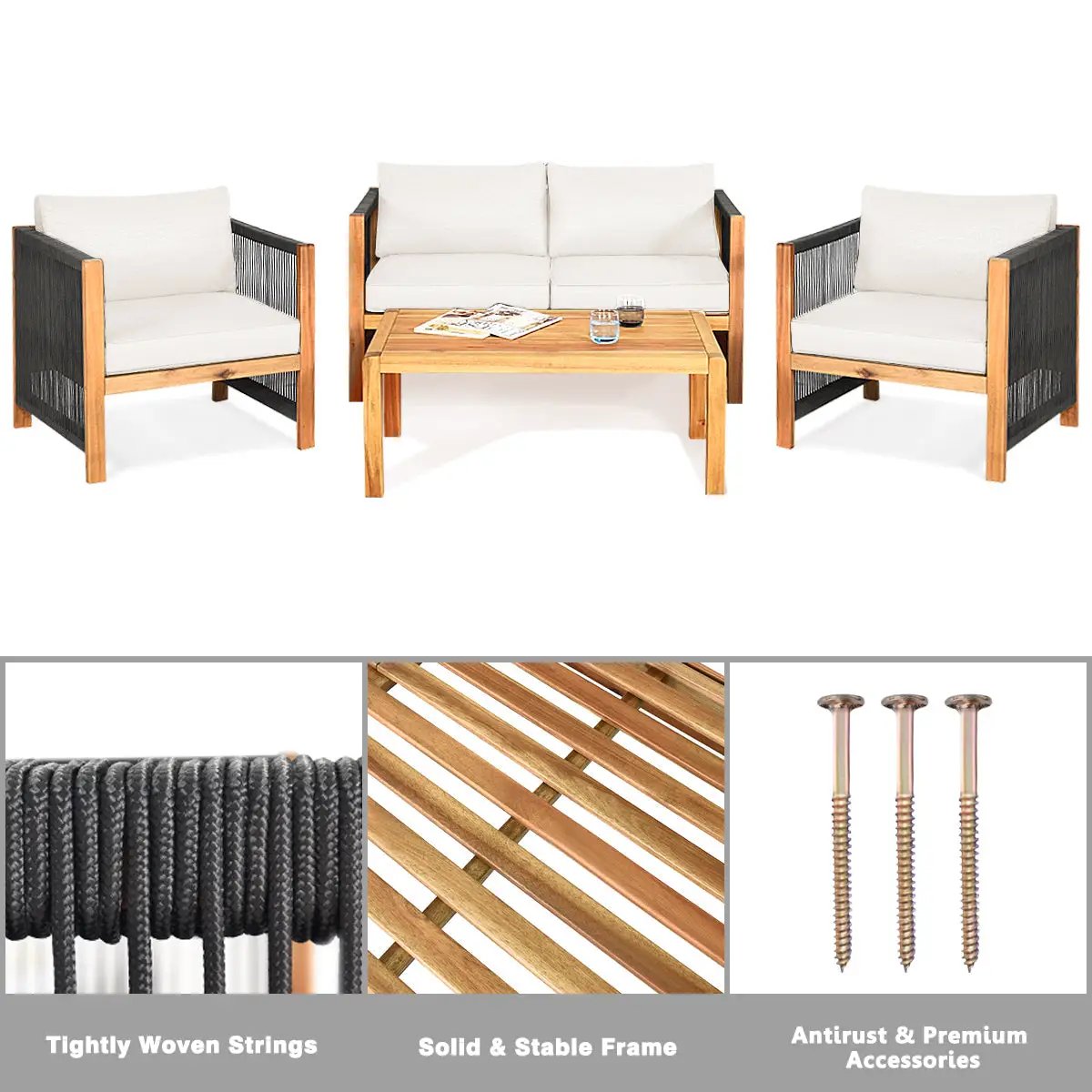 4 Pieces Wood Outdoor Patio Furniture Set with Cushions for Garden by DirectDeals