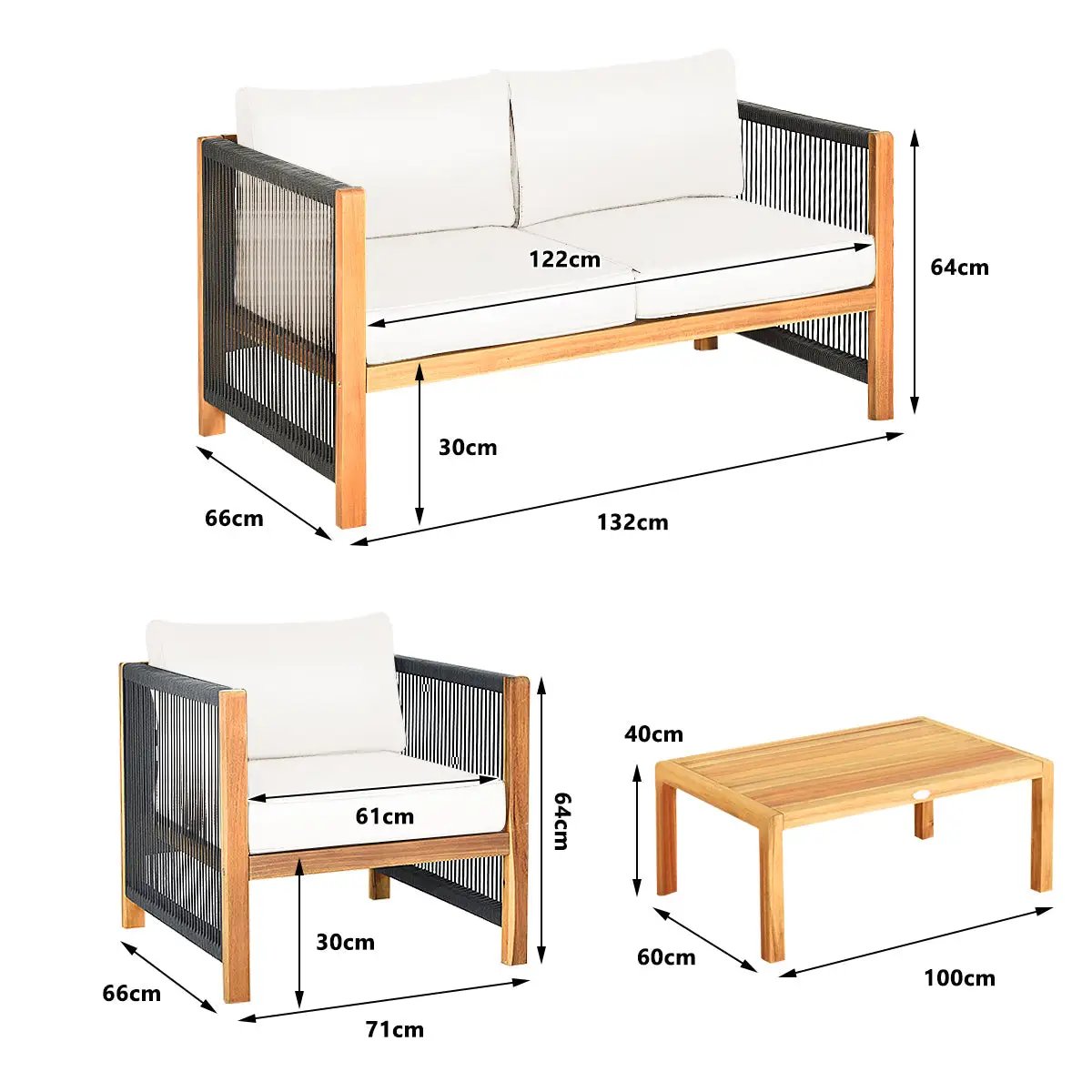 4 Pieces Wood Outdoor Patio Furniture Set with Cushions for Garden by DirectDeals