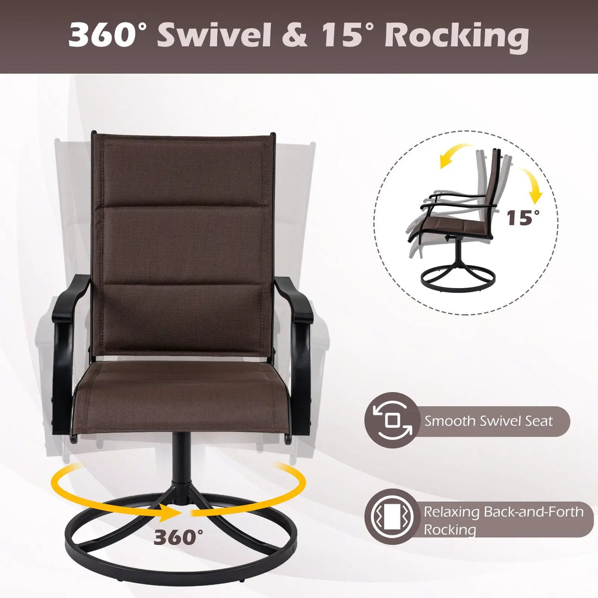 Padded Patio Swivel Chairs Set of 2 Ergonomic Outdoor Dining Chairs with Breathable Fabric, photo 14 of 16