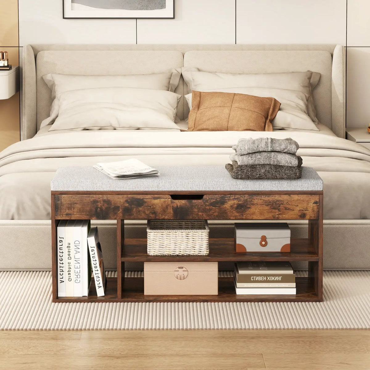 Padded Seat Shoe Bench with Hidden Storage and 3 Open Shelves, photo 2 of 9