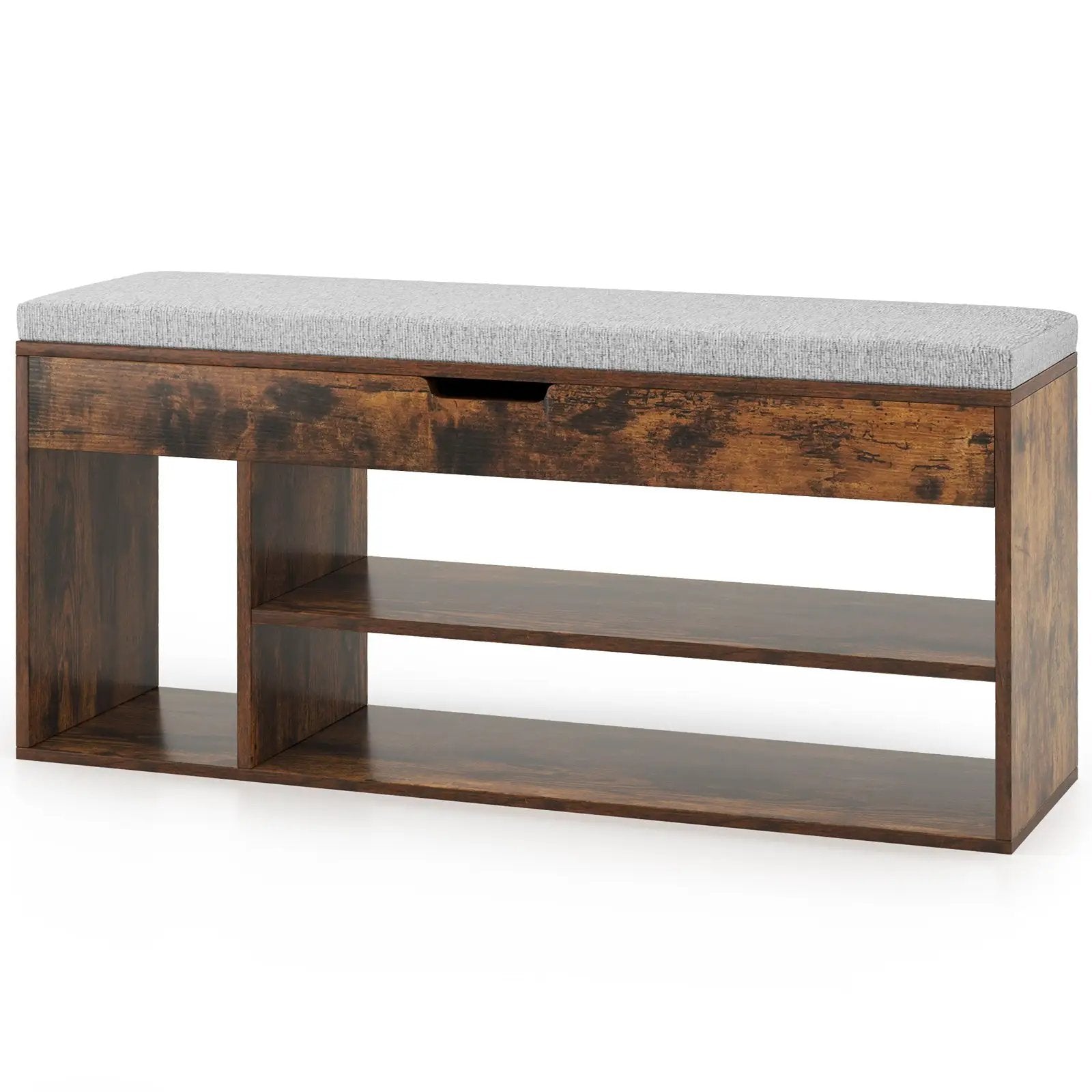 Padded Seat Shoe Bench with Hidden Storage and 3 Open Shelves by DirectDeals