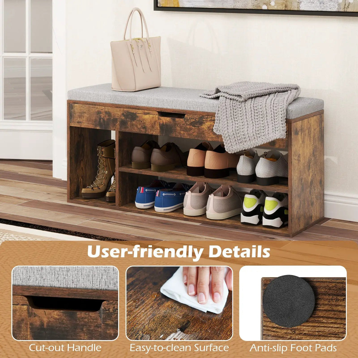 Padded Seat Shoe Bench with Hidden Storage and 3 Open Shelves, photo 6 of 9