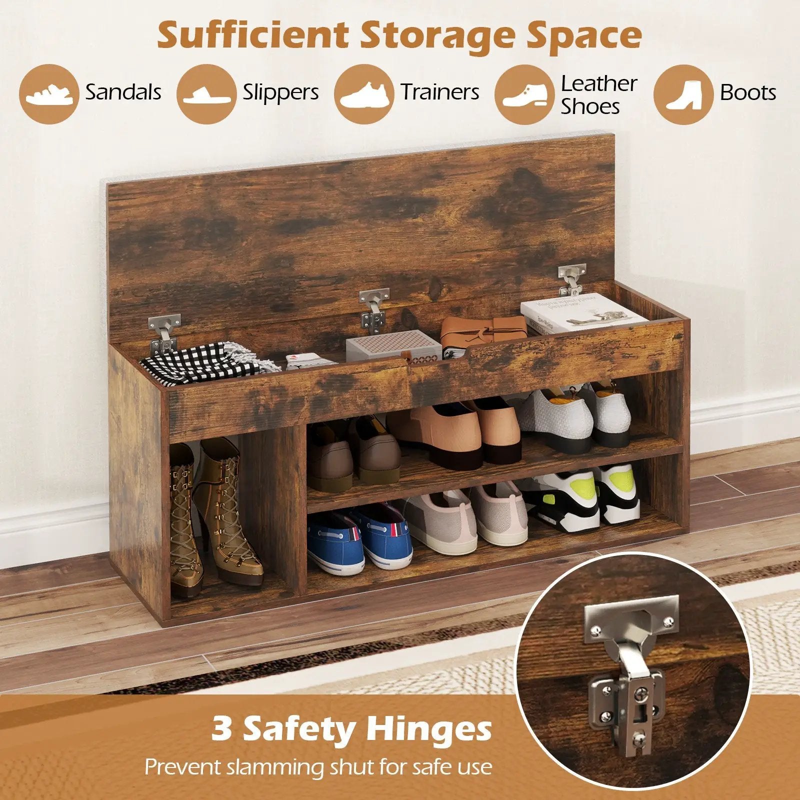 Padded Seat Shoe Bench with Hidden Storage and 3 Open Shelves by DirectDeals