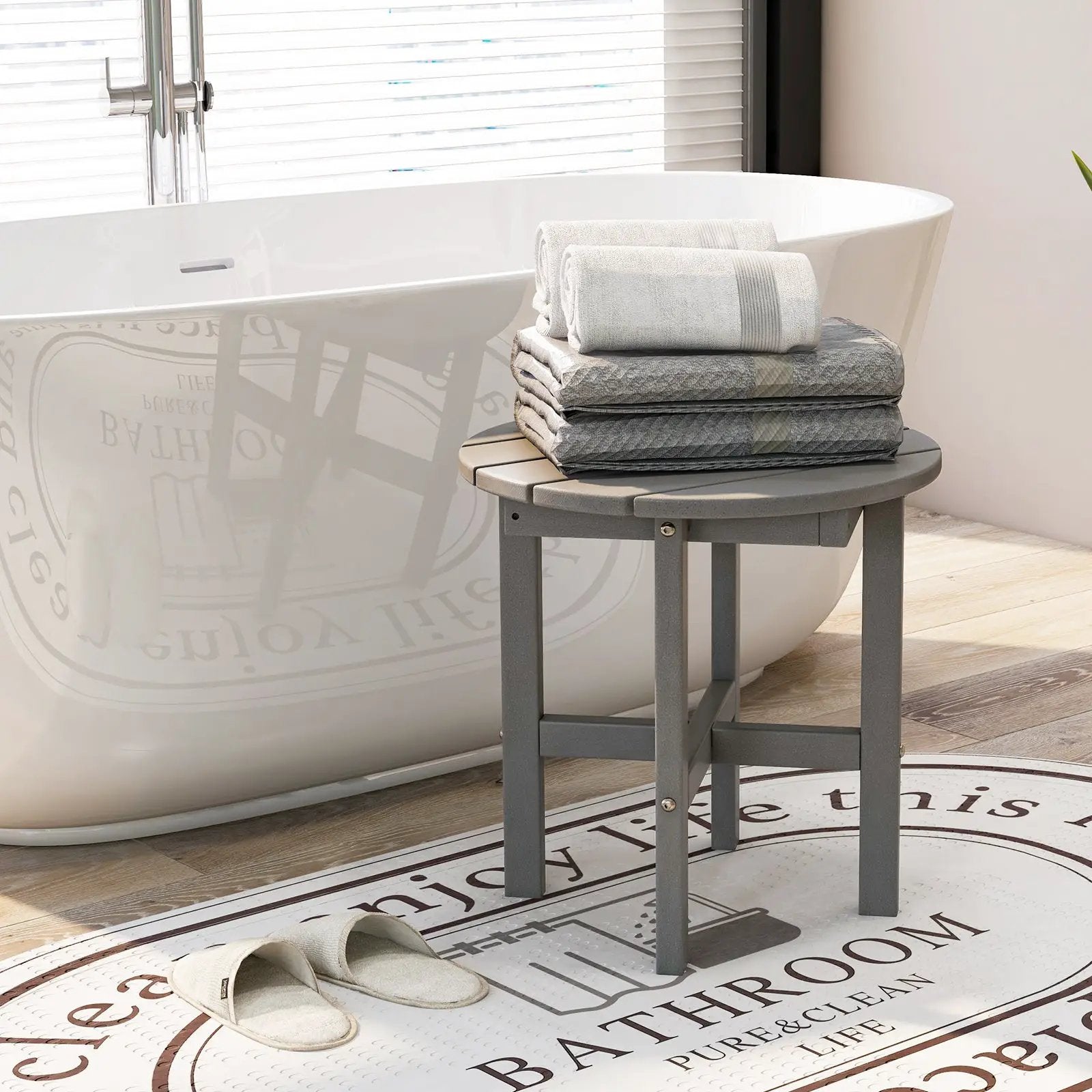 18 Inch Adirondack Round Side Table with Cross Base and Slatted Surface-Gray by DirectDeals