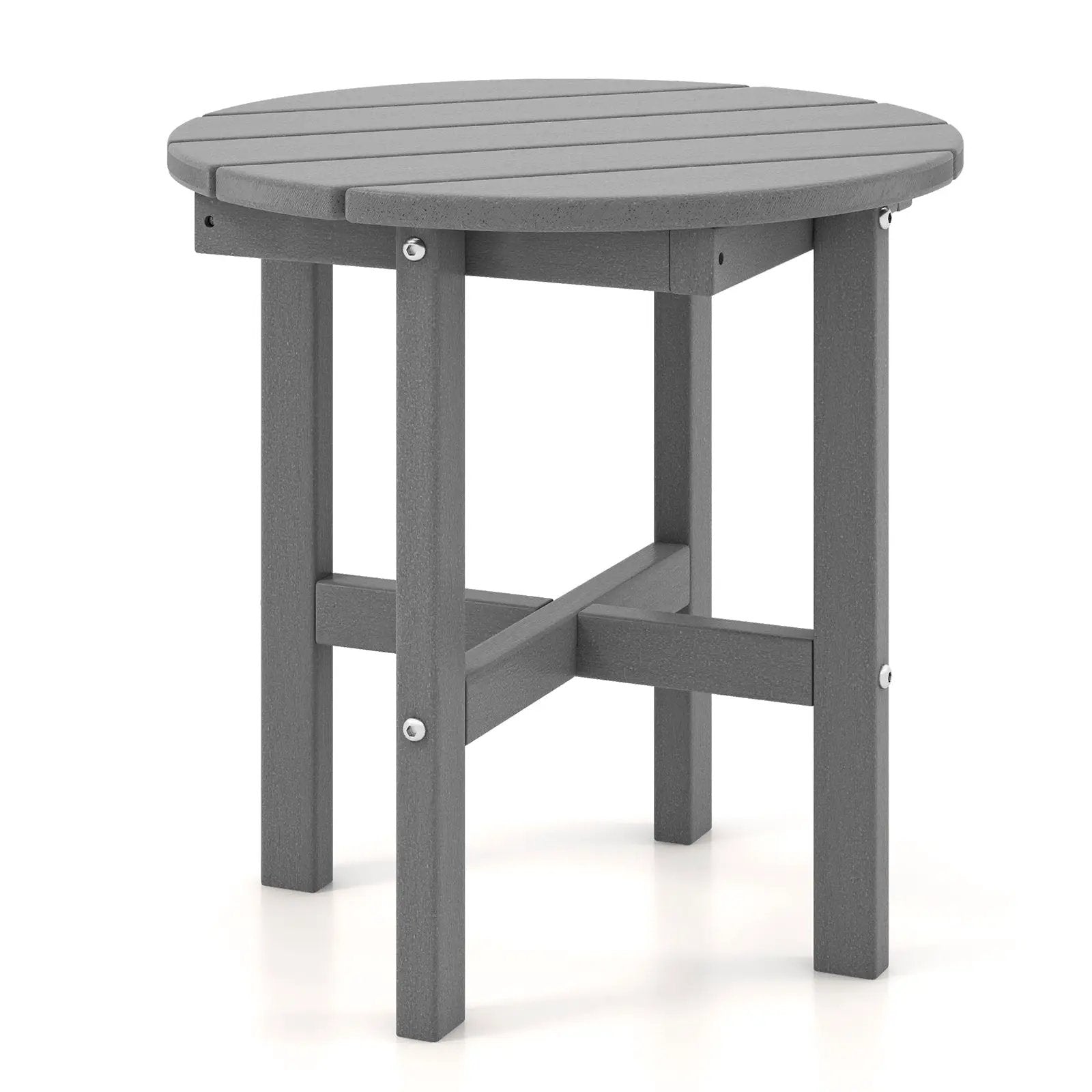 18 Inch Adirondack Round Side Table with Cross Base and Slatted Surface-Gray by DirectDeals
