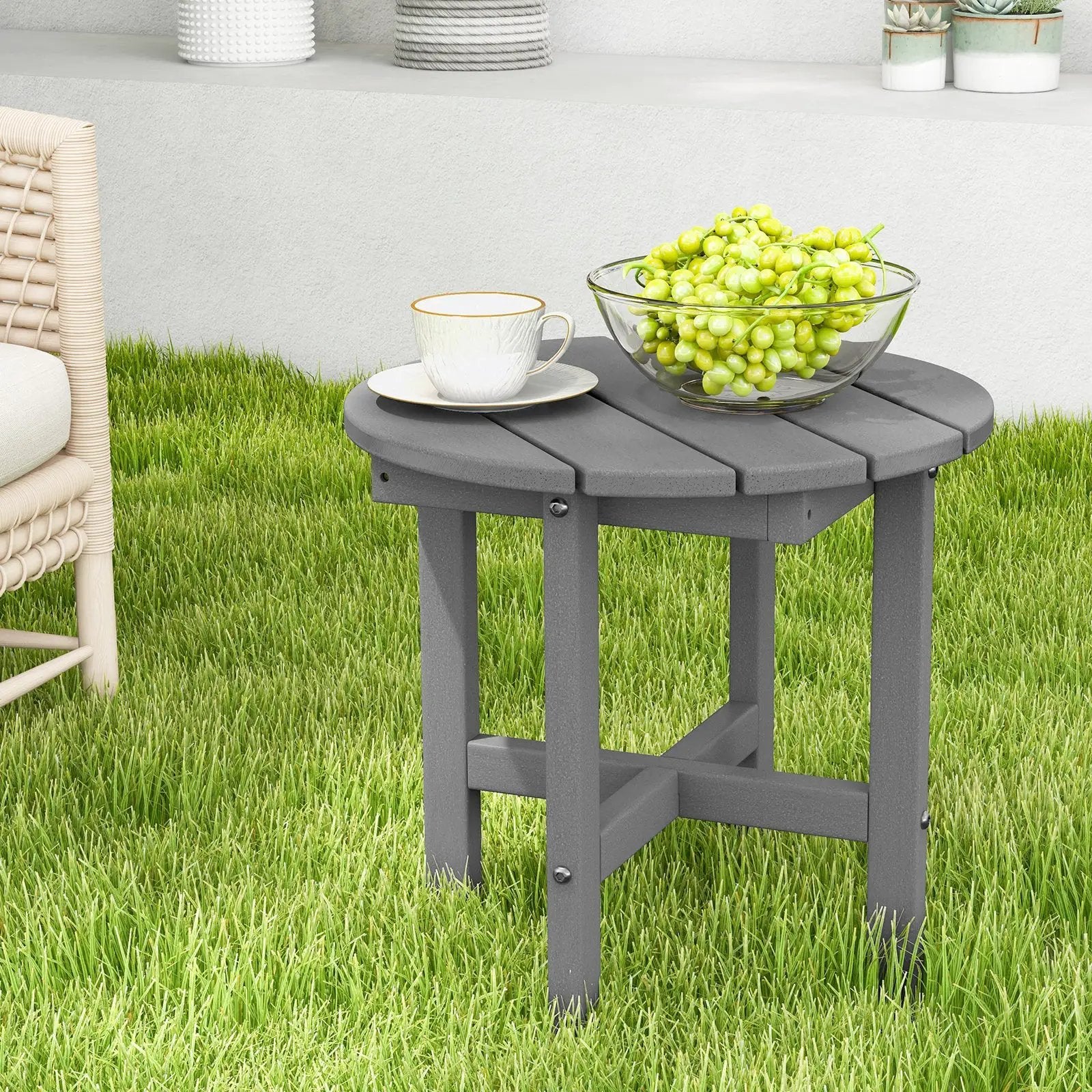 18 Inch Adirondack Round Side Table with Cross Base and Slatted Surface-Gray by DirectDeals