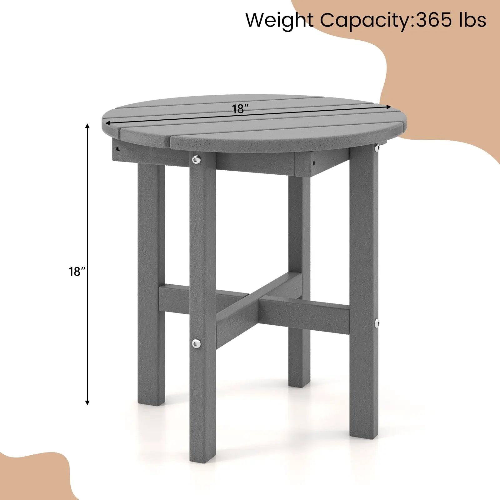 18 Inch Adirondack Round Side Table with Cross Base and Slatted Surface-Gray by DirectDeals