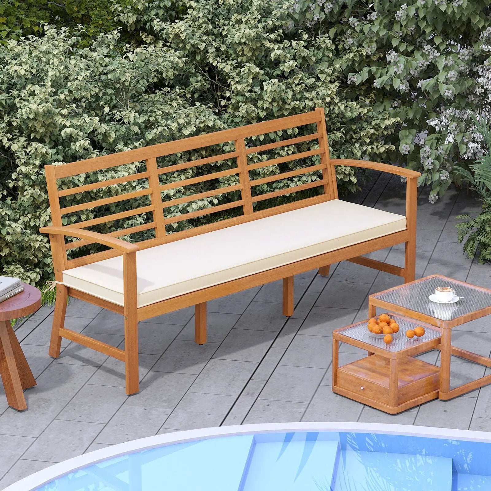 Patio 64 Inch Wood Bench with Seat Cushion and Slatted Seat for Backyard-Off White by DirectDeals