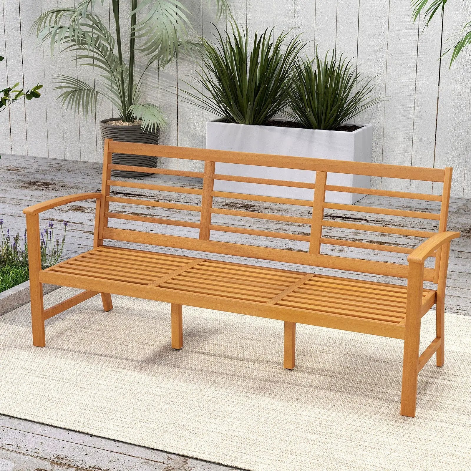 Patio 64 Inch Wood Bench with Seat Cushion and Slatted Seat for Backyard-Off White by DirectDeals