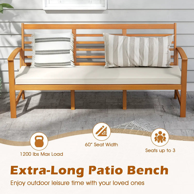 Patio 64 Inch Wood Bench with Seat Cushion and Slatted Seat for Backyard-Off White by DirectDeals