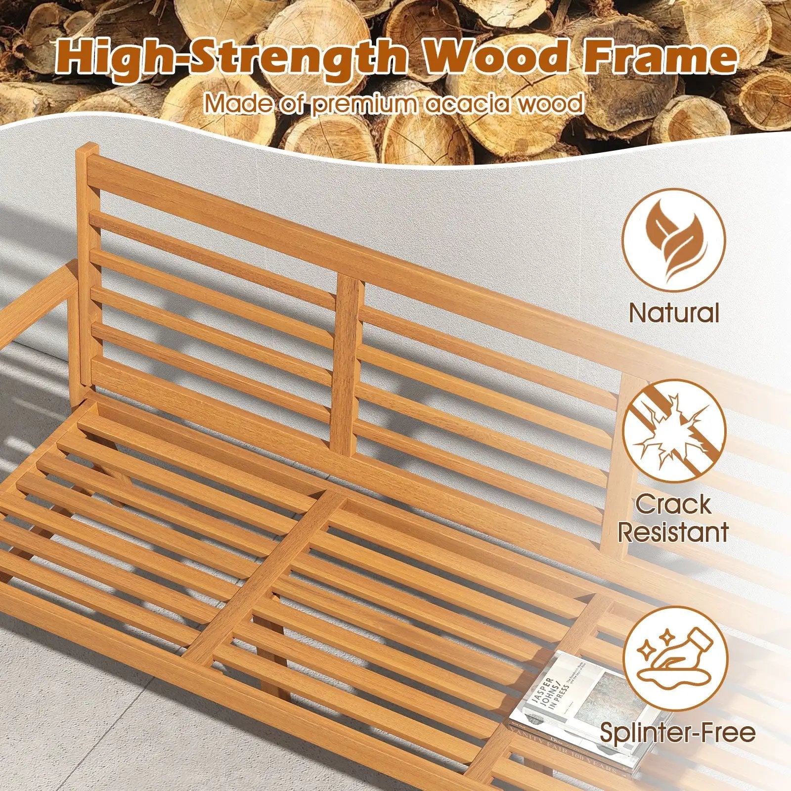 Patio 64 Inch Wood Bench with Seat Cushion and Slatted Seat for Backyard-Off White by DirectDeals